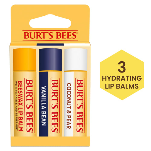 (4 pack) Burt's Bees Beeswax, Vanilla Bean, and Coconut and Pear Lip Balm Pack, Natural Origin Lip Care, 3 Pack