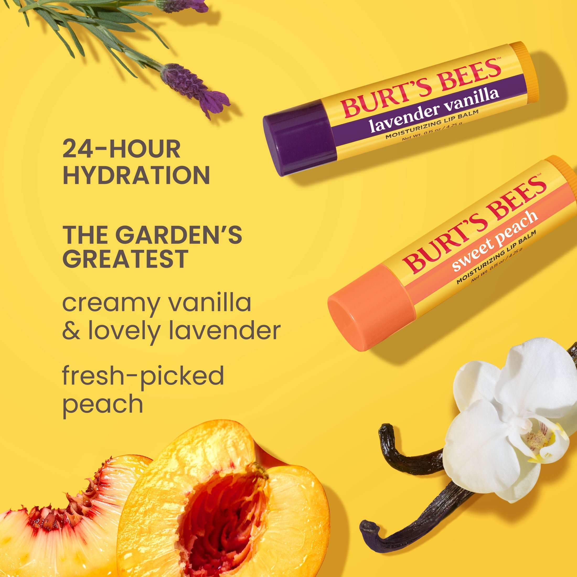 Burt's Bees Moisturizing Lip Balm Value 2 Pack, Lavender Vanilla, Sweet Peach