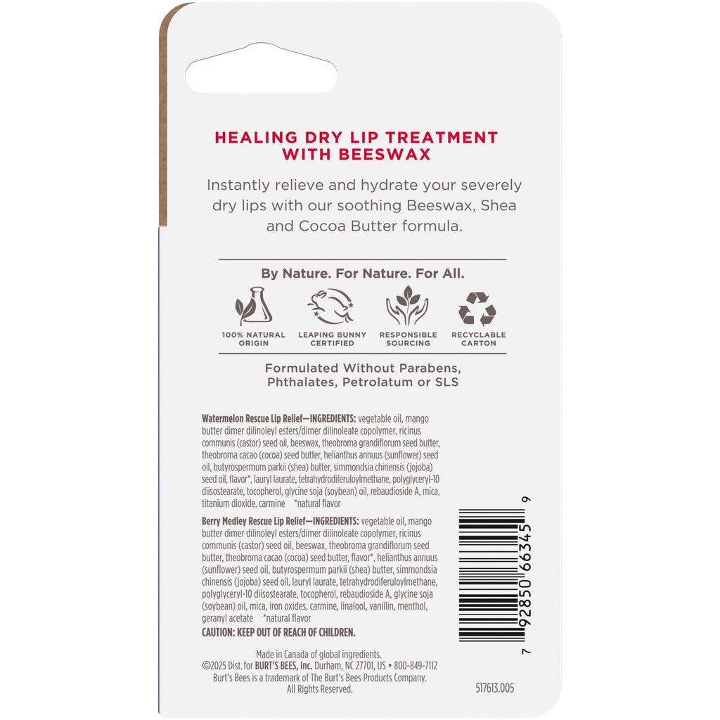 Burt's Bees Watermelon and Berry Medley Rescue Lip Relief, 2-Pack, 0.35 oz.