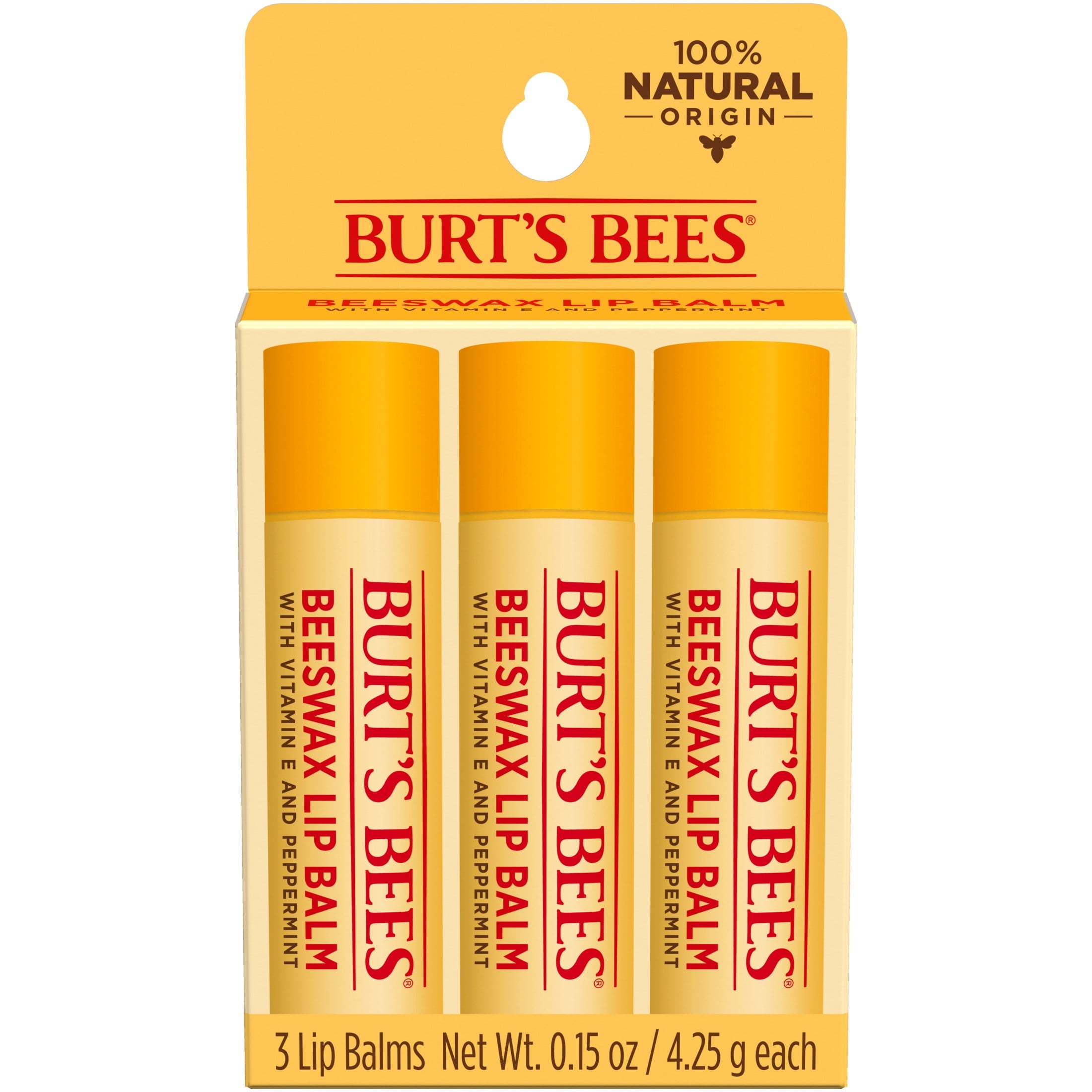 (4 pack) Burt's Bees 100% Natural Origin Beeswax Moisturizing Lip Balm with Vitamin E & Peppermint Oil, 3 Pack