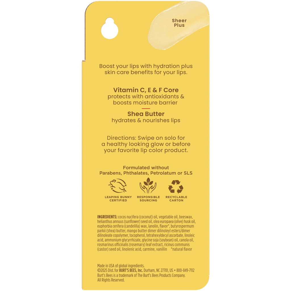Burt's Bees Boosted Lip Balm Sheer Plus with Shea Butter, 1 Tube, 0.16 Oz