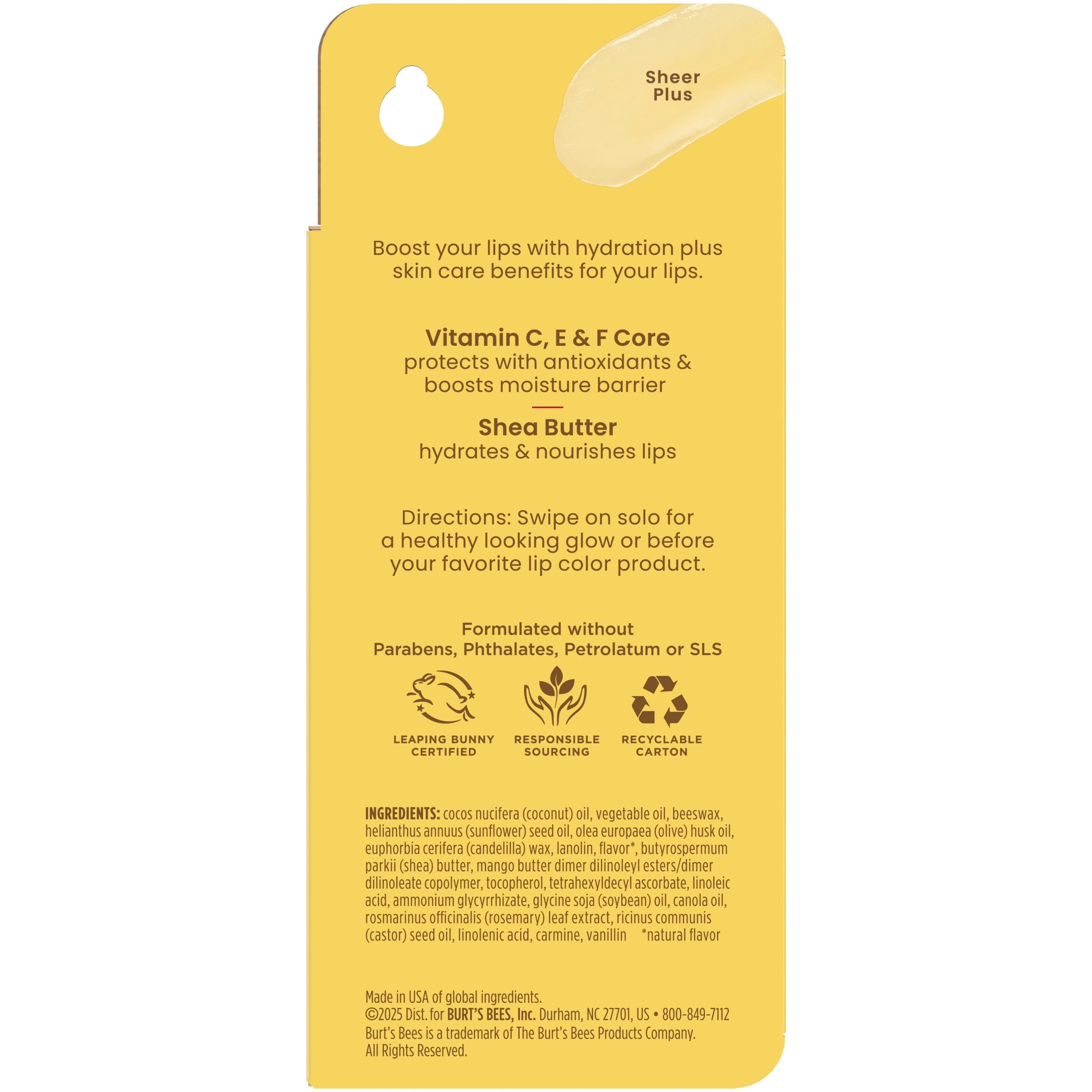 Burt's Bees Boosted Lip Balm Sheer Plus with Shea Butter, 1 Tube, 0.16 Oz