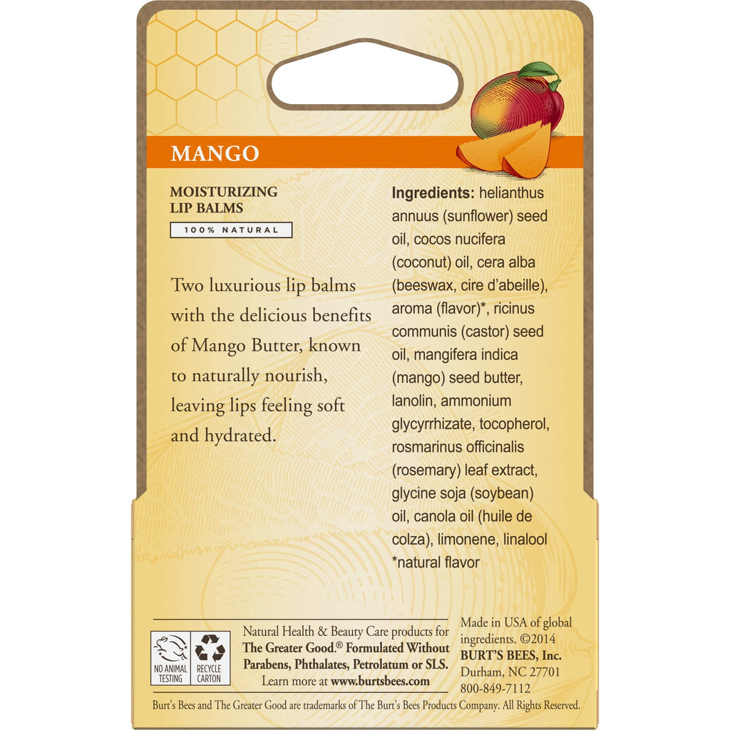 Burt's Bees 100% Natural Origin Moisturizing Lip Balm, Mango, 2 Count, Pack of 6