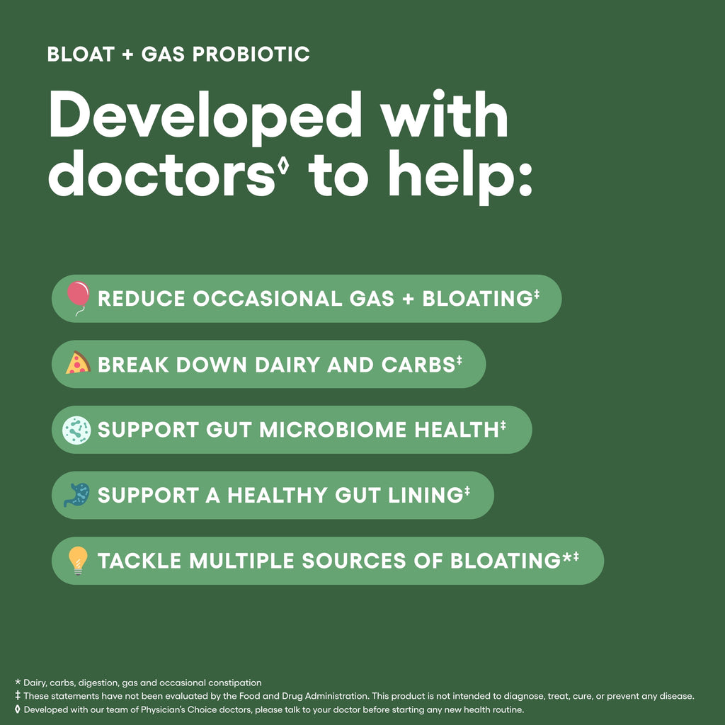 Physician's Choice Bloat & Gas 5-in-1 Probiotic for Digestion Support & Gas Relief, 30 Count