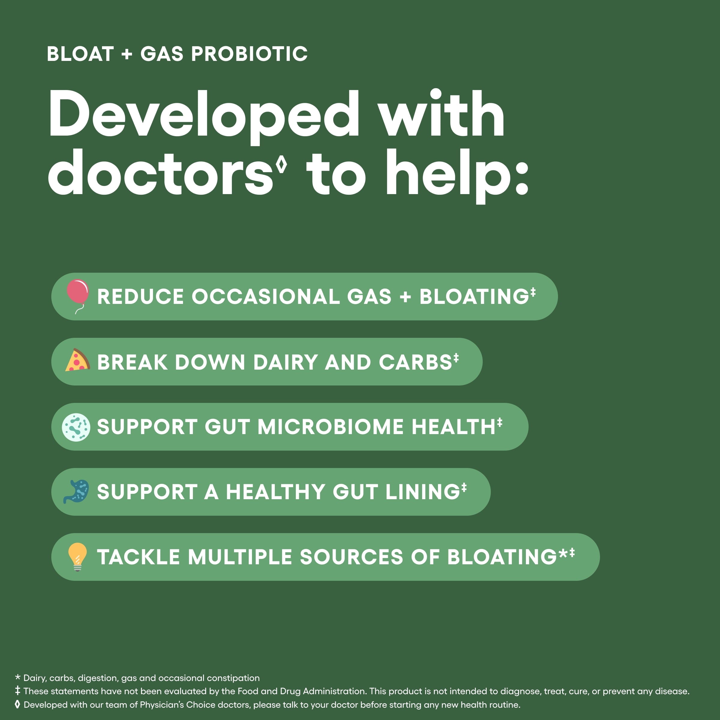 Physician's Choice Bloat & Gas 5-in-1 Probiotic for Digestion Support & Gas Relief, 30 Count