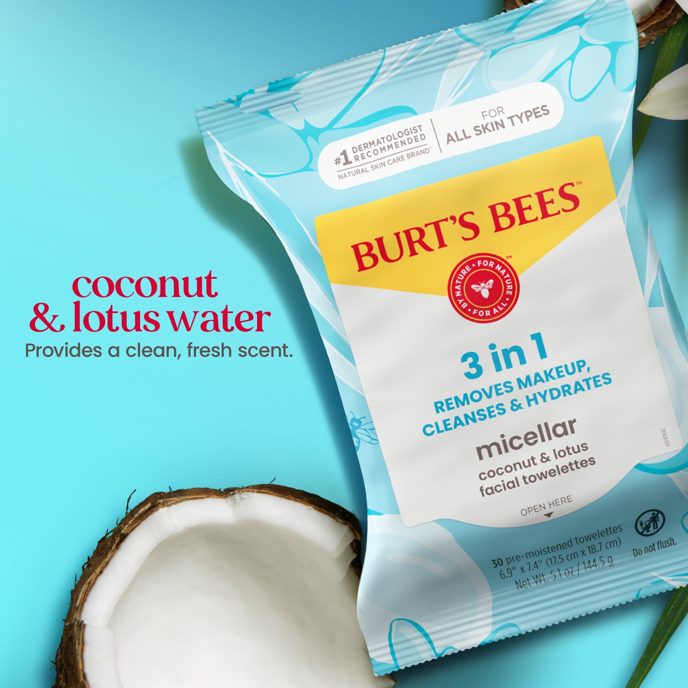 (3 pack) Burt's Bees Micellar Coconut and Lotus 3-in-1 Makeup Removing and Cleansing Wipes, 30 Count