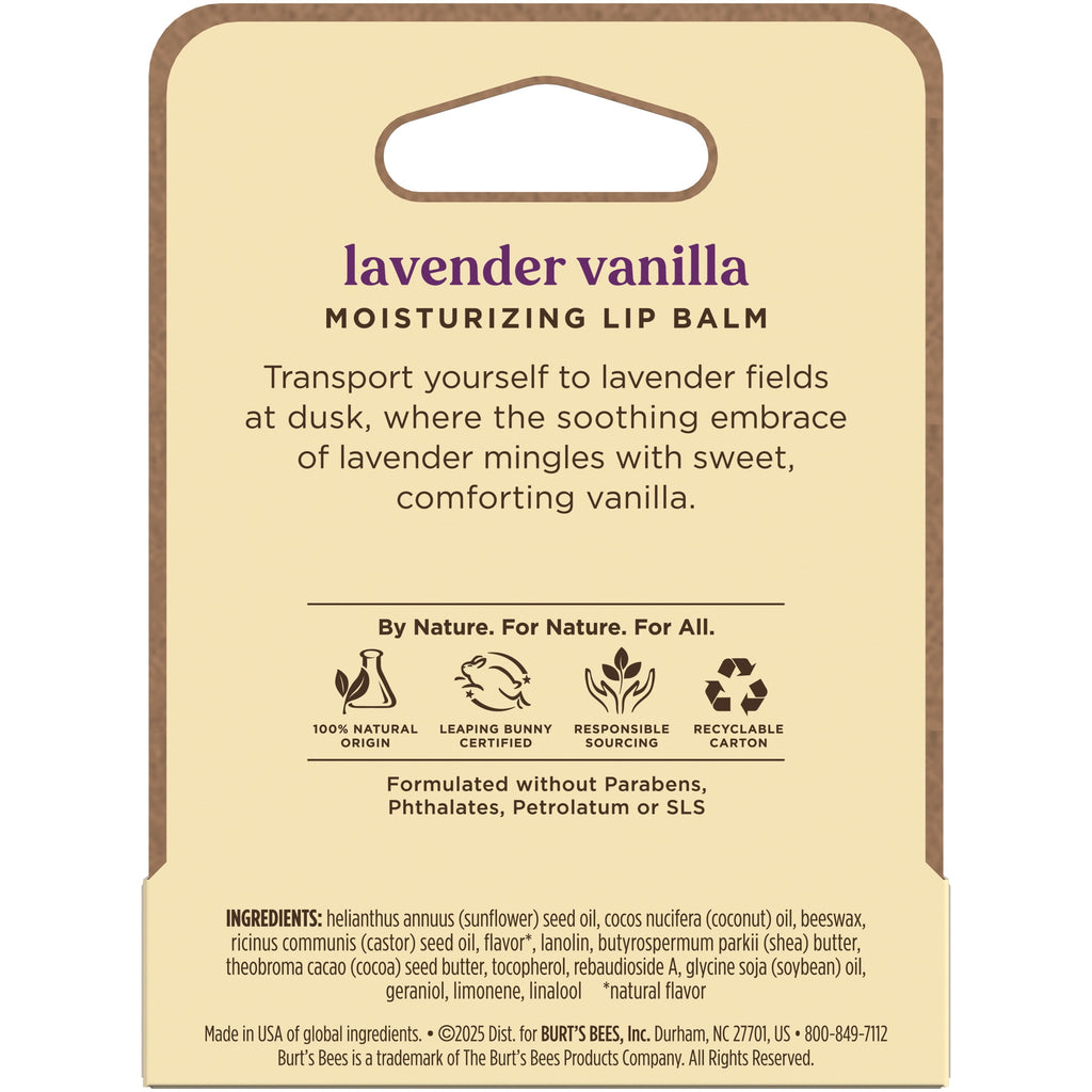 Burt's Bees Lavender Vanilla Moisturizing Lip Balm, 100% Natural Origin, Mother's Day Gift, 1 Tube, 0.15 oz