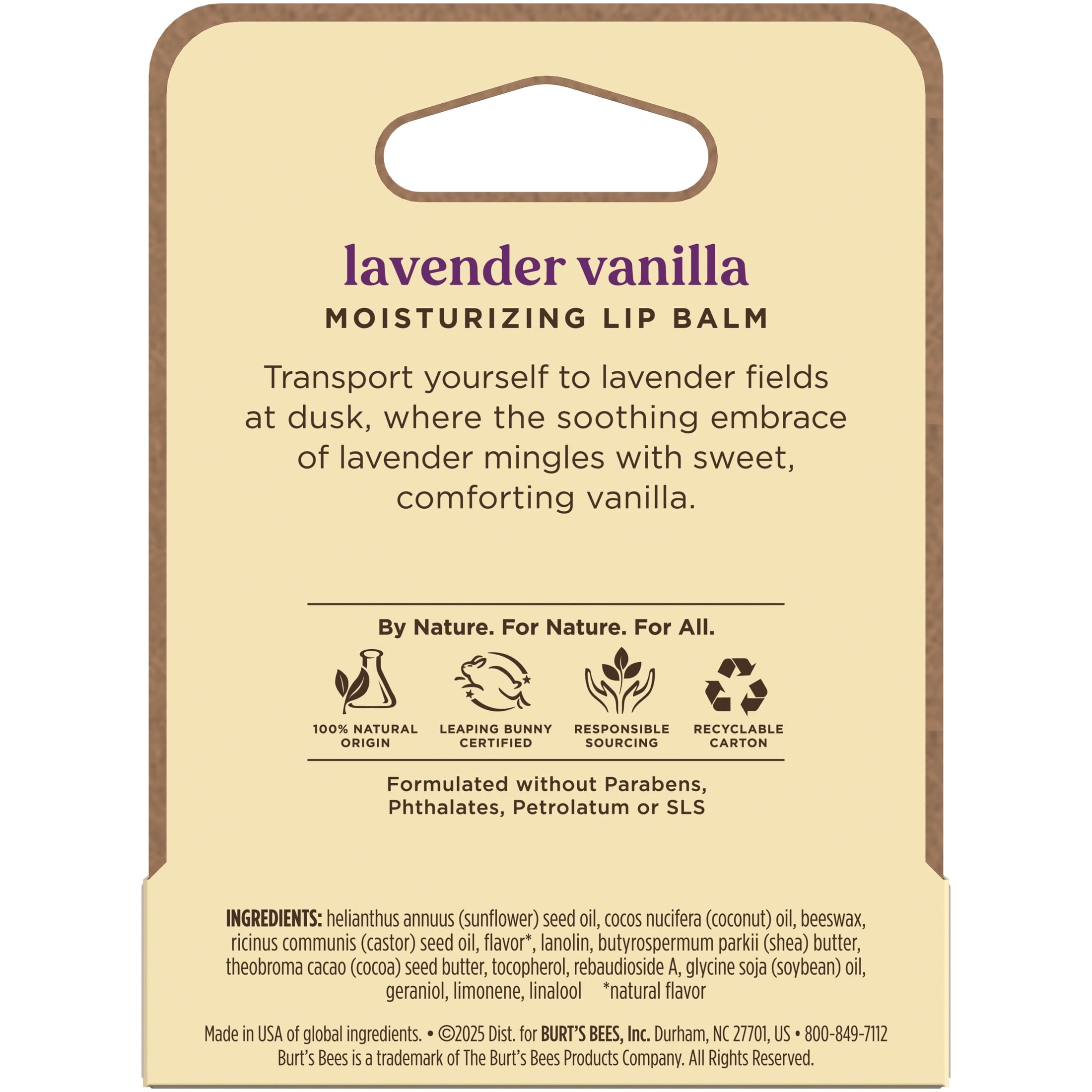 Burt's Bees Lavender Vanilla Moisturizing Lip Balm, 100% Natural Origin, Mother's Day Gift, 1 Tube, 0.15 oz