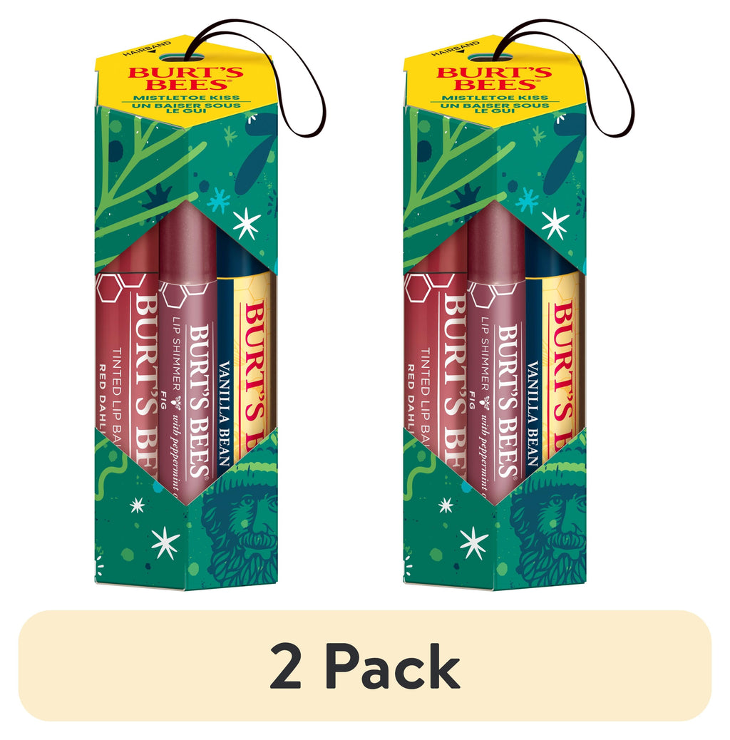 (2 pack) Burt's Bees Lip Balm, Tinted Lip Balm and Lip Shimmer Gift Sets, Mistletoe Kiss, Vanilla Bean/Red Dahlia/Fig, 3-Pack