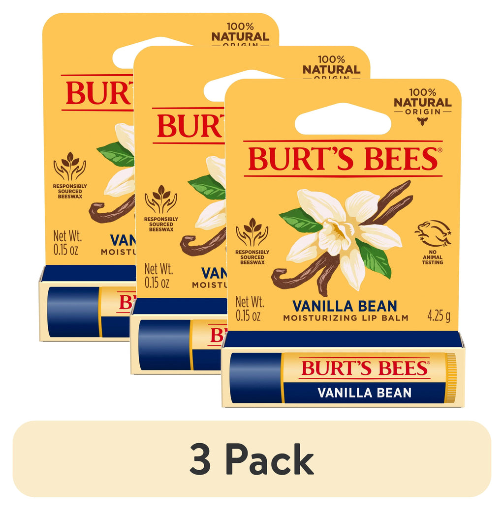 (3 pack) Burt's Bees 100% Origin Natural Moisturizing Lip Balm with Beeswax, Vanilla Bean, 1 Tube