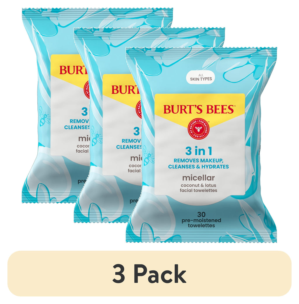 (3 pack) Burt's Bees Micellar Coconut and Lotus 3-in-1 Makeup Removing and Cleansing Wipes, 30 Count