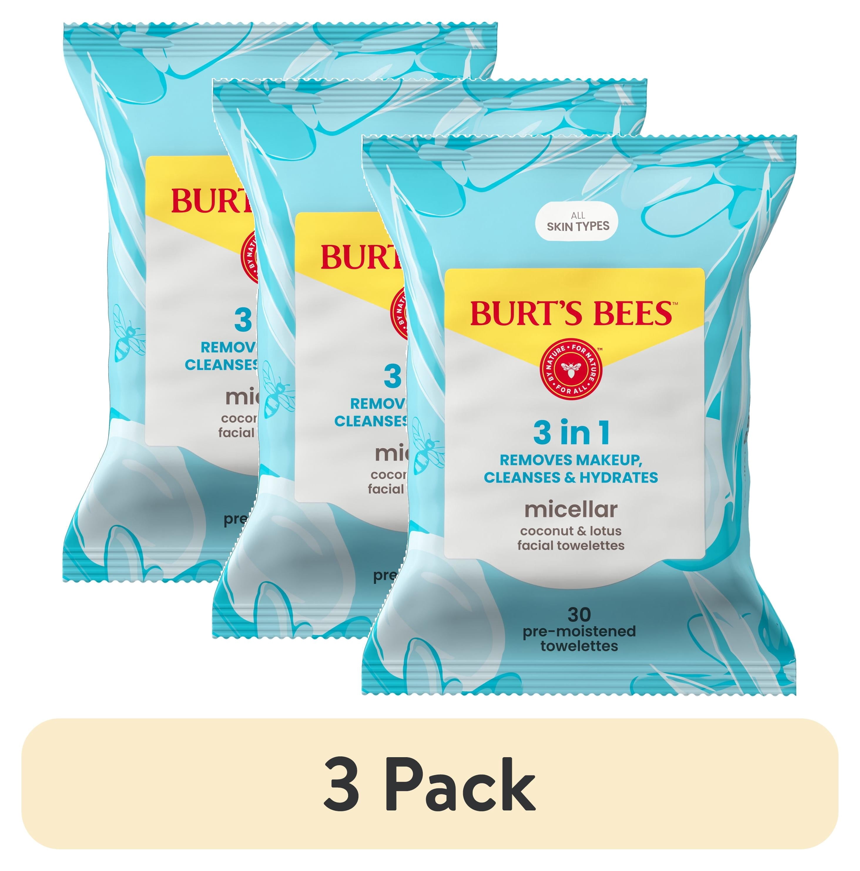 (3 pack) Burt's Bees Micellar Coconut and Lotus 3-in-1 Makeup Removing and Cleansing Wipes, 30 Count
