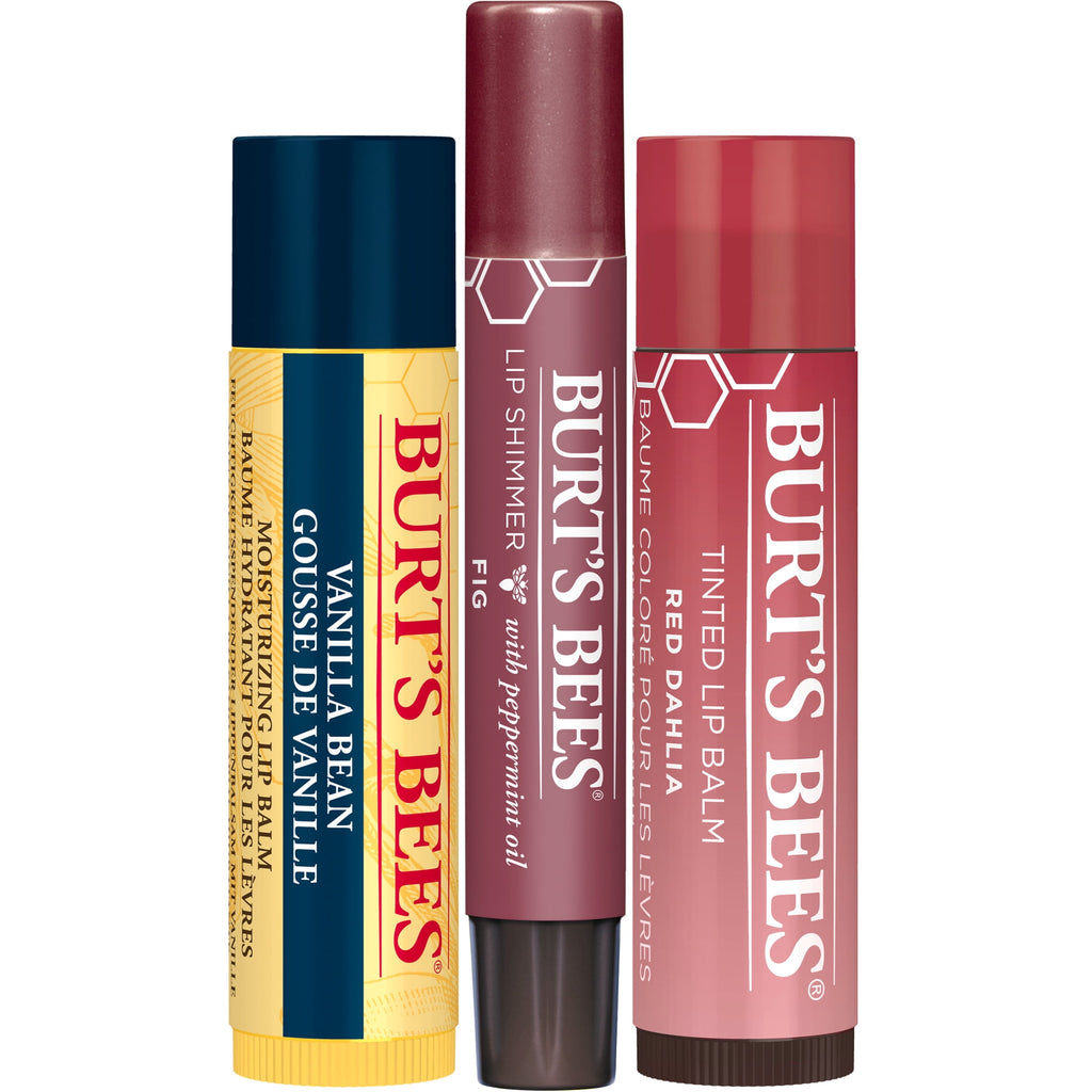 (2 pack) Burt's Bees Lip Balm, Tinted Lip Balm and Lip Shimmer Gift Sets, Mistletoe Kiss, Vanilla Bean/Red Dahlia/Fig, 3-Pack