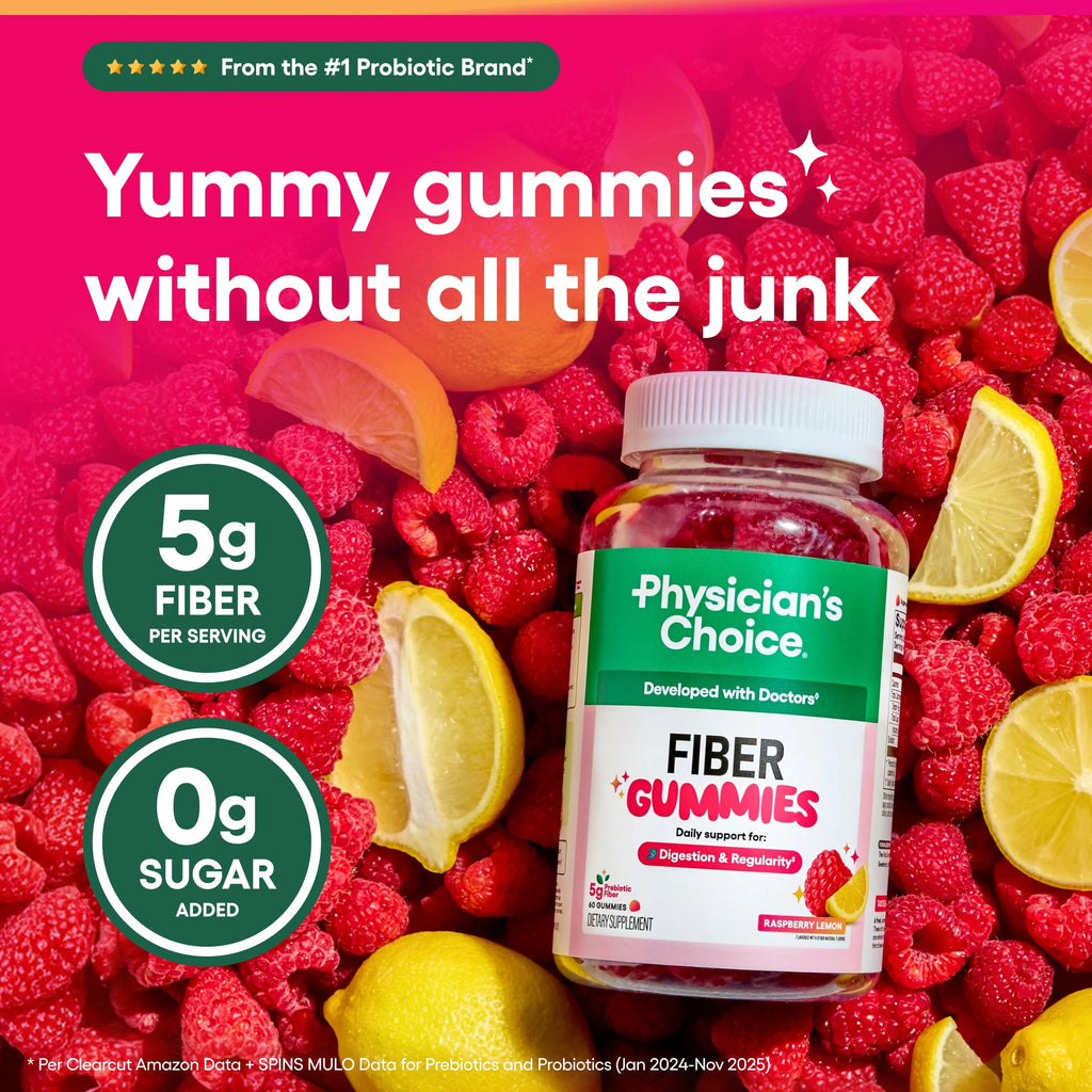 Physician’s Choice Fiber Gummies for Digestive Health & Regularity - Raspberry Lemon Flavor - 60ct