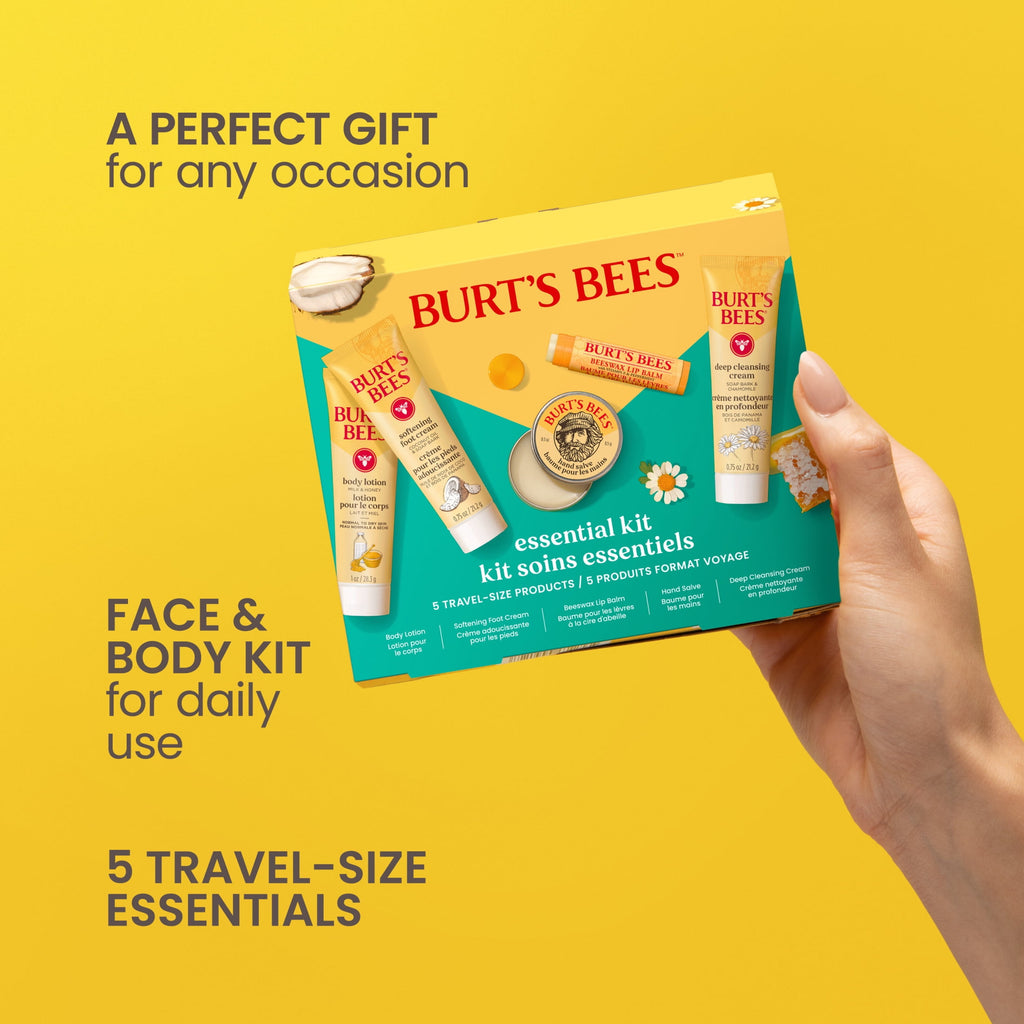 Burts Bees Essential Gift Set, Cleansing Cream, Hand Salve, Body Lotion, Foot Cream, Lip Balm