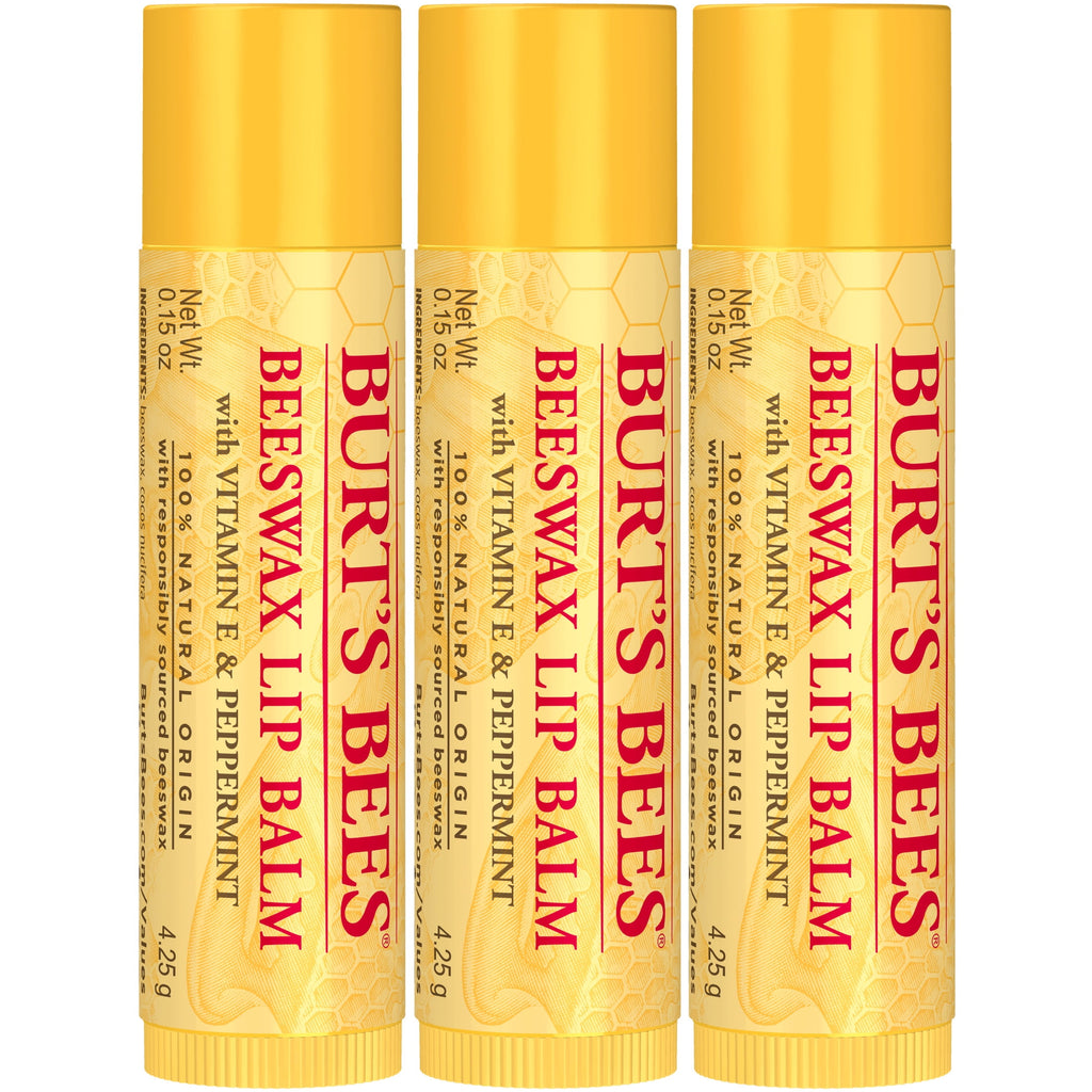 (4 pack) Burt's Bees 100% Natural Origin Beeswax Moisturizing Lip Balm with Vitamin E & Peppermint Oil, 3 Pack