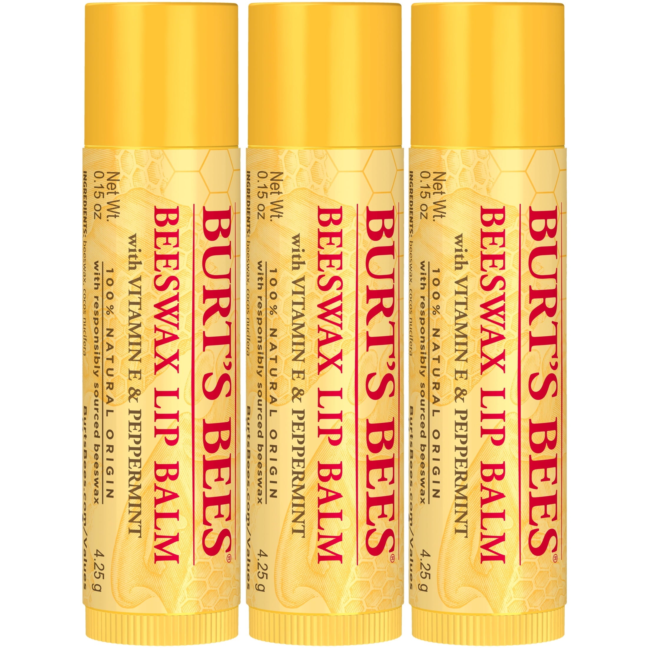 (4 pack) Burt's Bees 100% Natural Origin Beeswax Moisturizing Lip Balm with Vitamin E & Peppermint Oil, 3 Pack