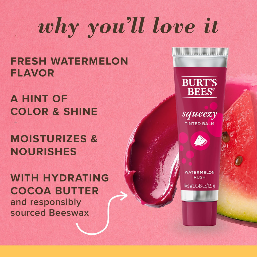 Burt's Bees 100% Natural  Squeezy Tinted Lip Balm with Beeswax, Watermelon Rush, 1 Tube