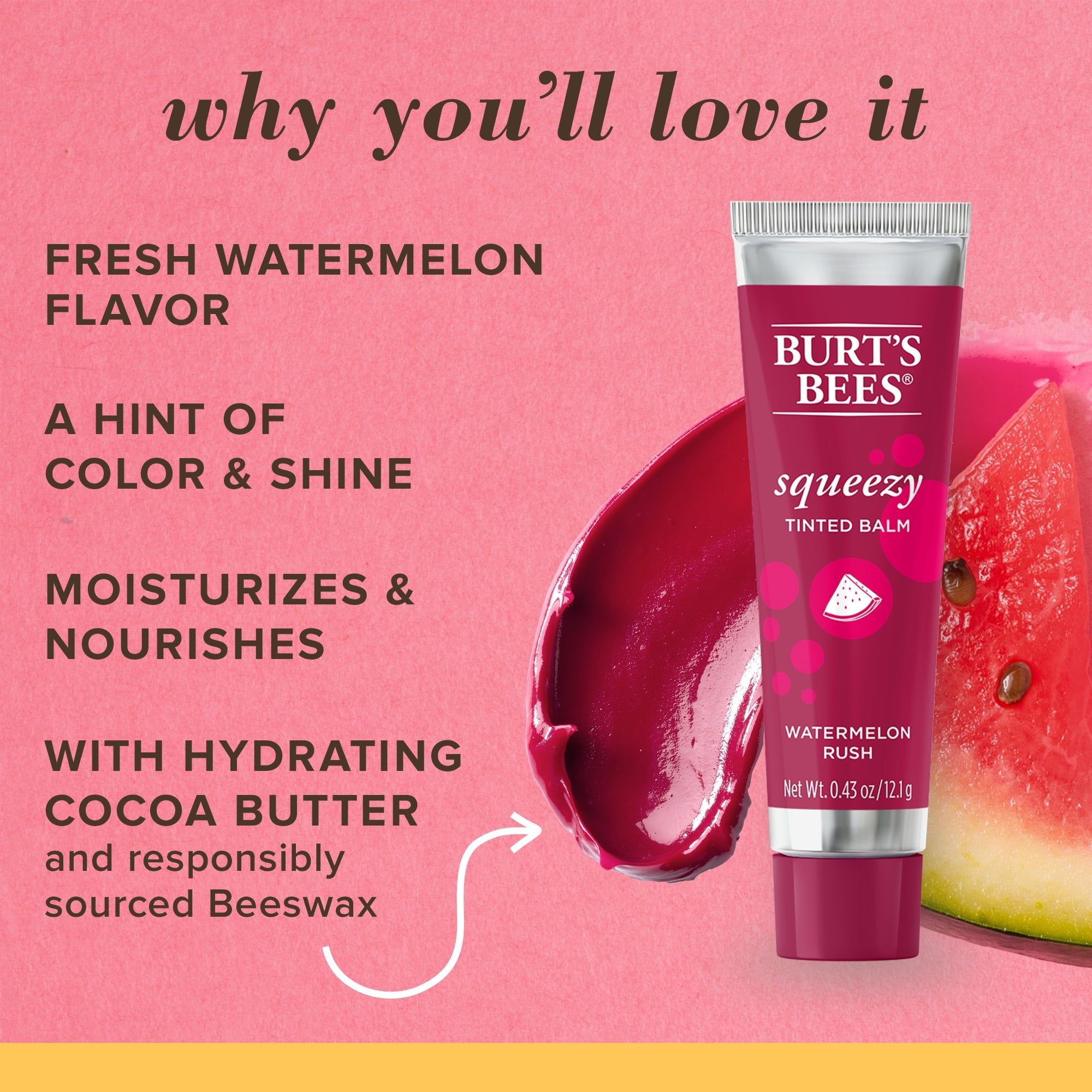 Burt's Bees 100% Natural  Squeezy Tinted Lip Balm with Beeswax, Watermelon Rush, 1 Tube