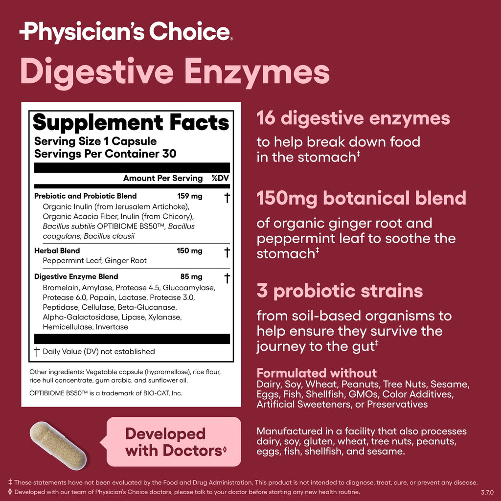 Physician's Choice Digestive Enzymes, Digestive & Gut Health, Bloating & Meal Time Discomfort, Men and Women, 30 Count