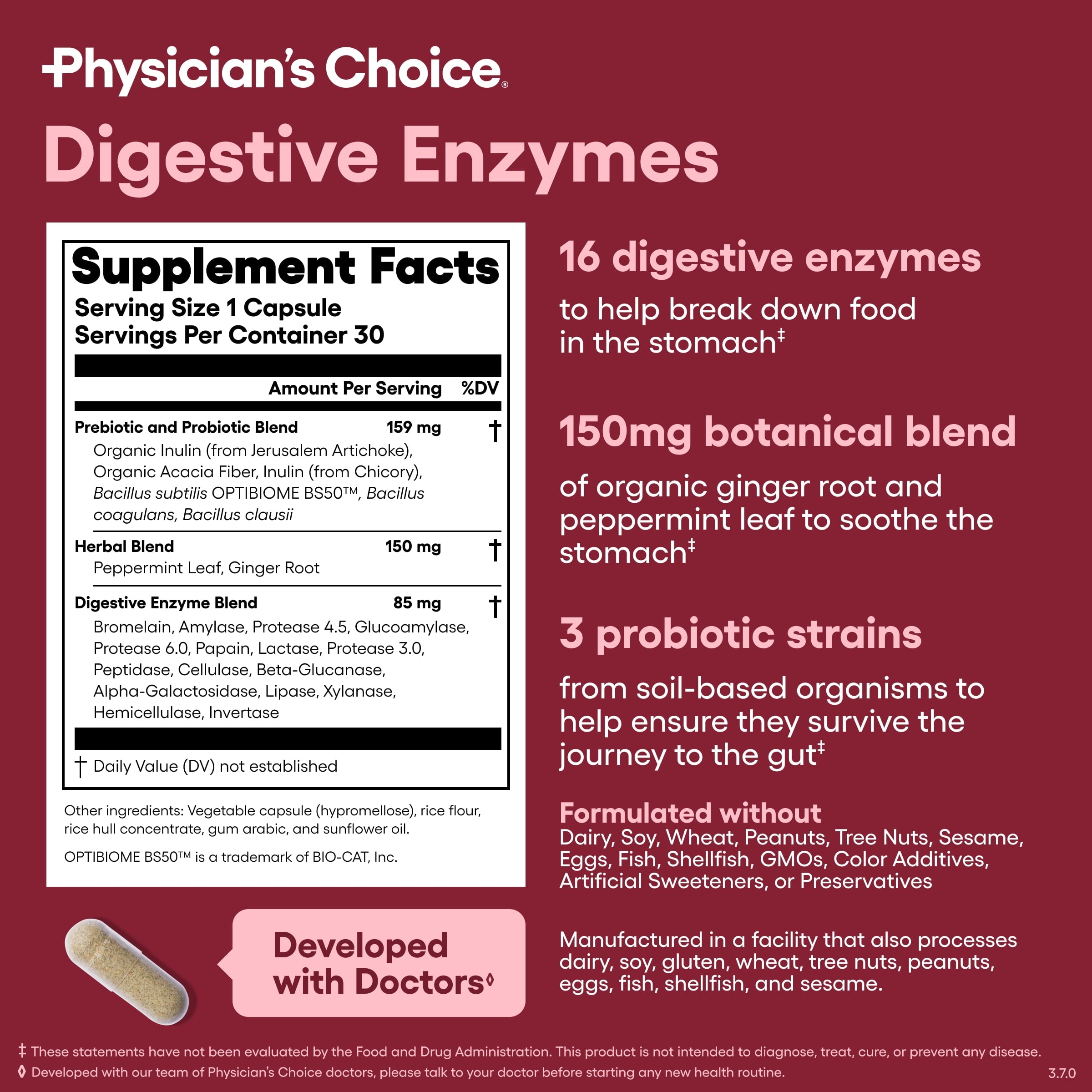 Physician's Choice Digestive Enzymes, Digestive & Gut Health, Bloating & Meal Time Discomfort, Men and Women, 30 Count