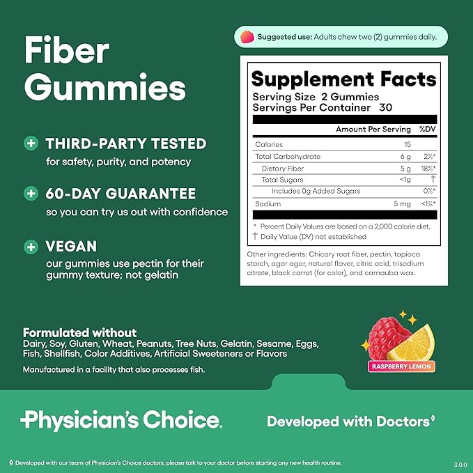 Physician’s Choice Fiber Gummies for Digestive Health & Regularity - Raspberry Lemon Flavor - 60ct
