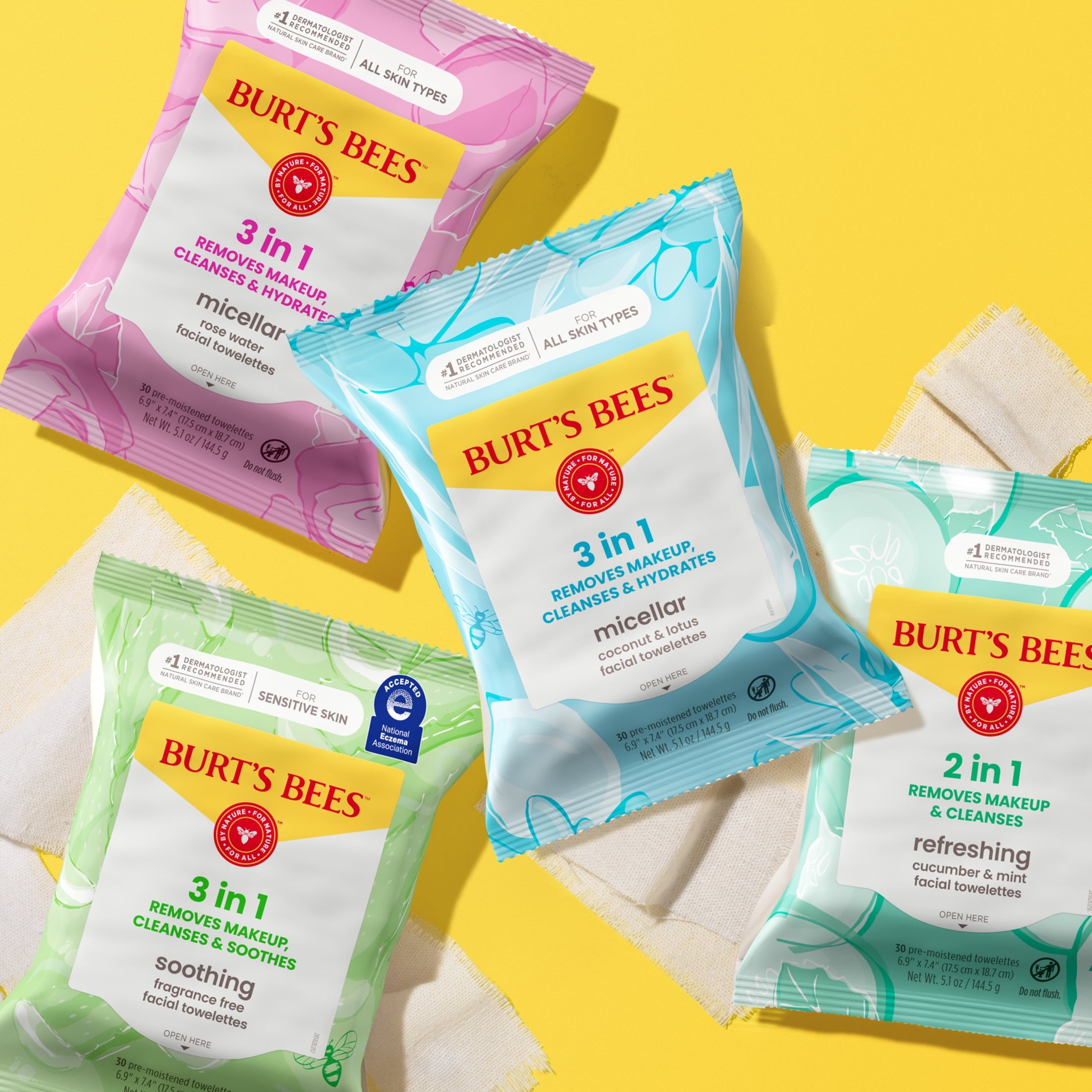 (3 pack) Burt's Bees Micellar Coconut and Lotus 3-in-1 Makeup Removing and Cleansing Wipes, 30 Count