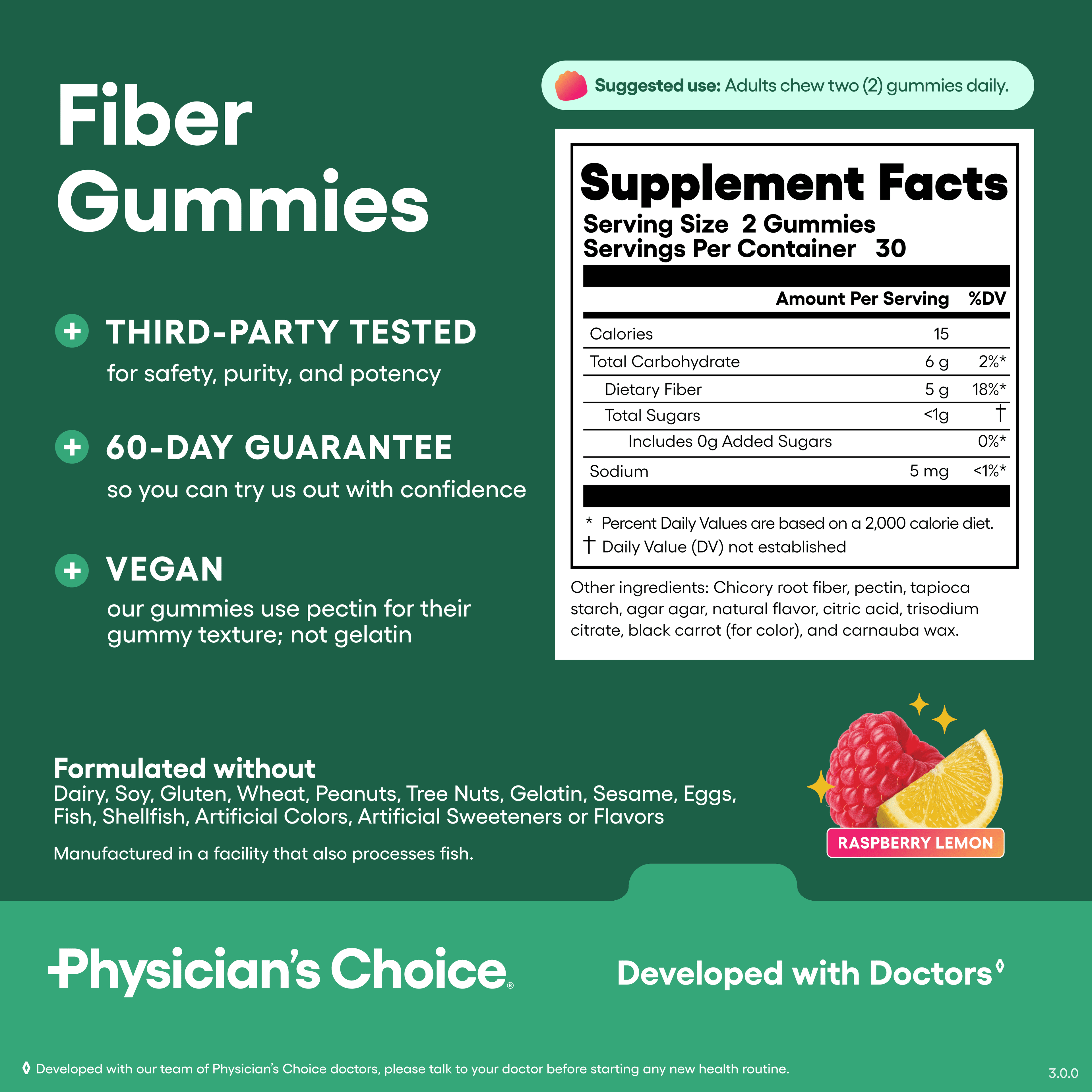Physician’s Choice Fiber Gummies for Digestive Health & Regularity - Raspberry Lemon Flavor - 60ct