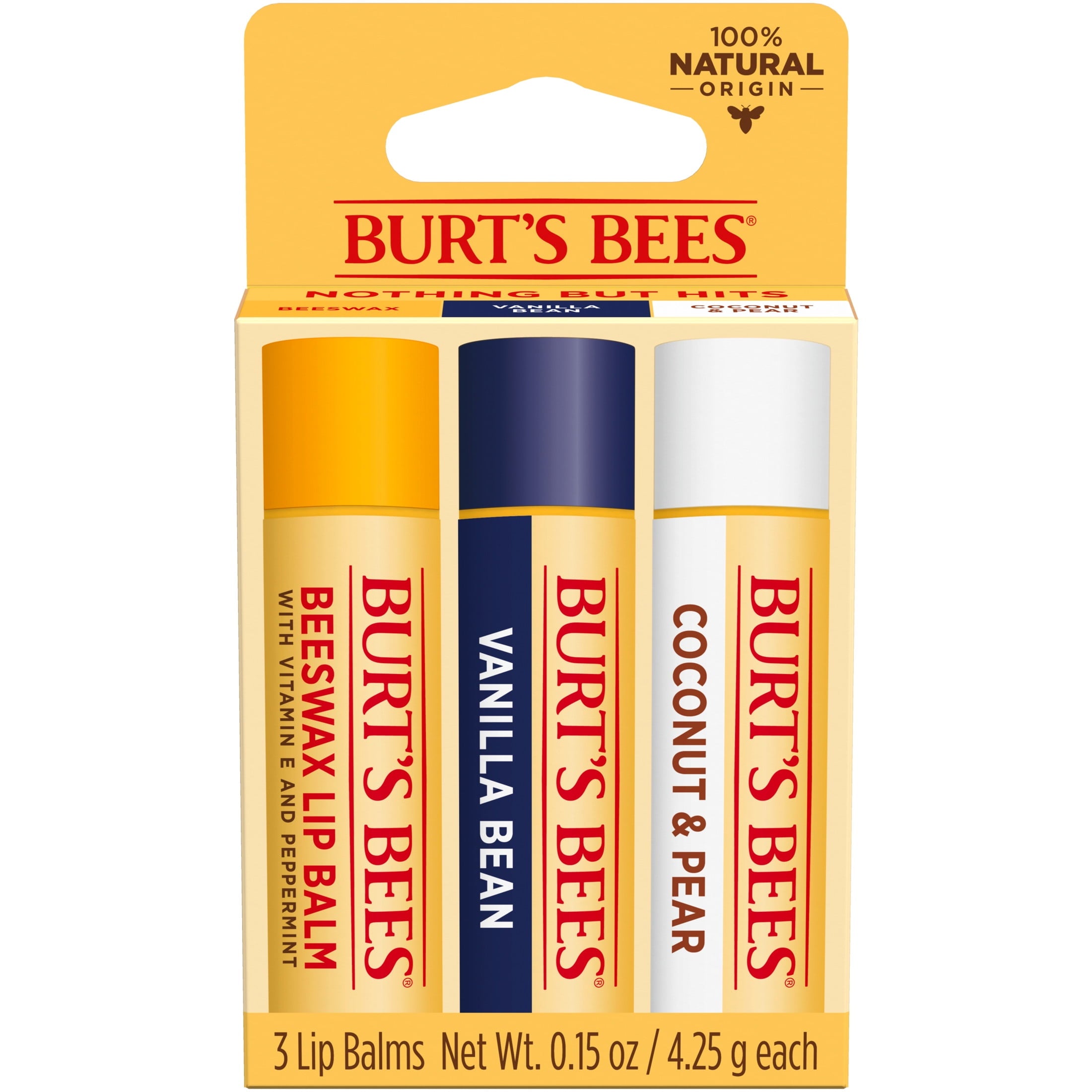 (4 pack) Burt's Bees Beeswax, Vanilla Bean, and Coconut and Pear Lip Balm Pack, Natural Origin Lip Care, 3 Pack