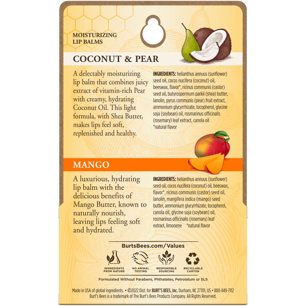 Burt's Bees 100% Natural Origin Lip Balm, Coconut & Pear and Mango, 2 Count