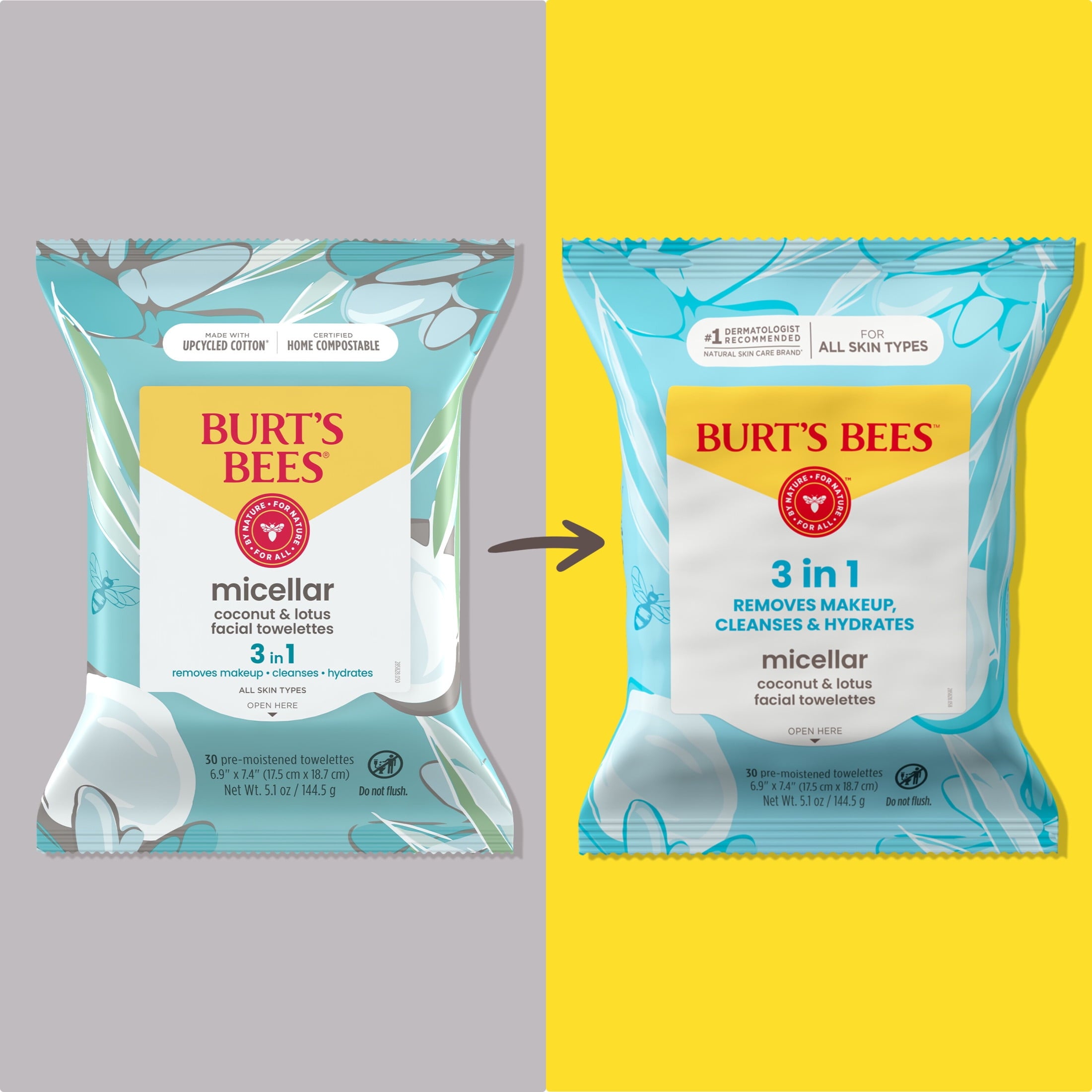 (3 pack) Burt's Bees Micellar Coconut and Lotus 3-in-1 Makeup Removing and Cleansing Wipes, 30 Count