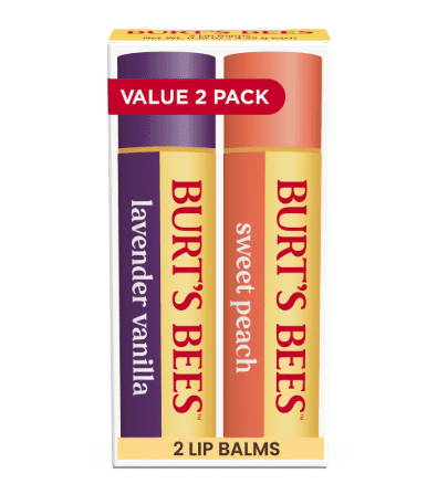 Burt's Bees Moisturizing Lip Balm Value Pack, Lavender Vanilla & Sweet Peach, 4 Count (Pack of 2 Value Packs)