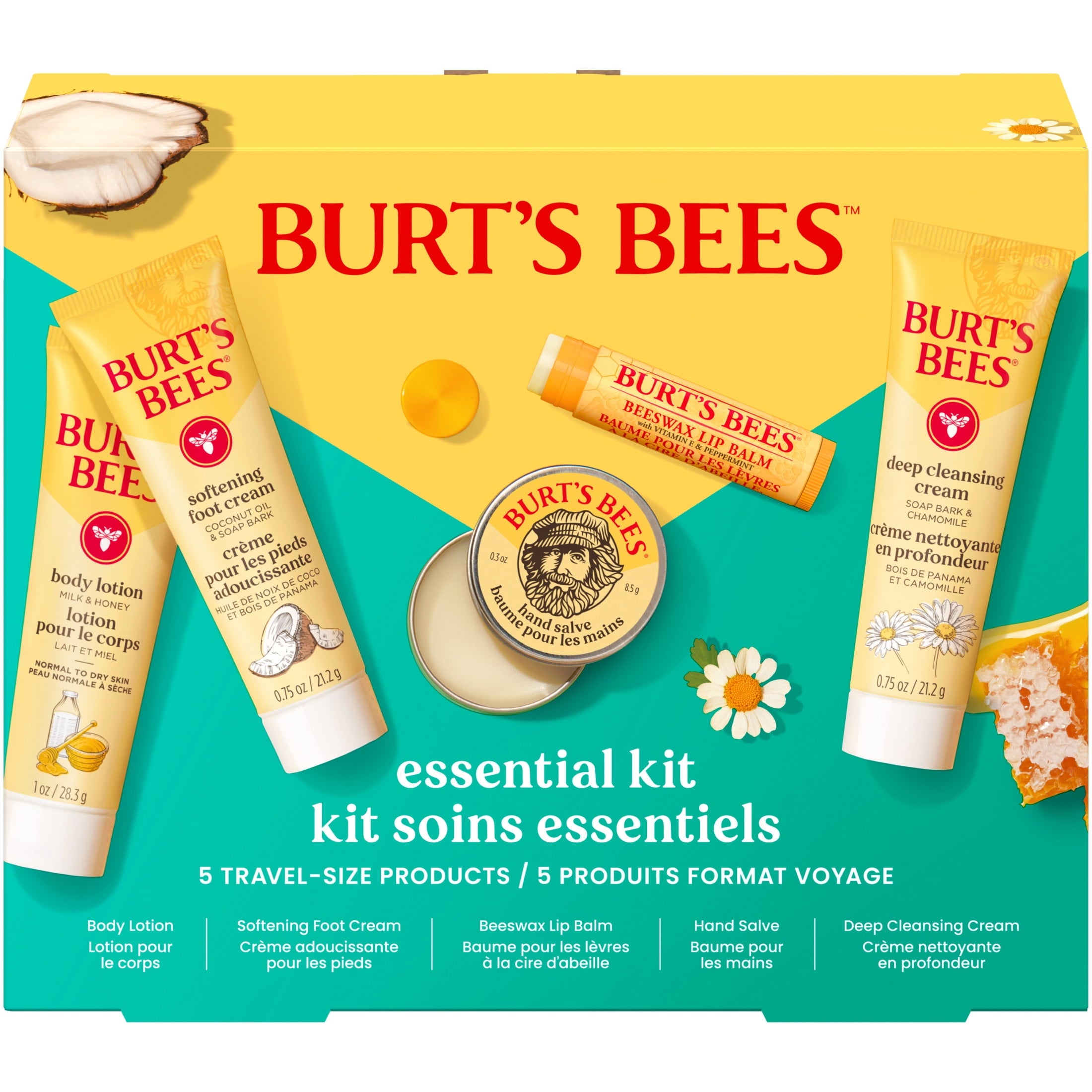 Burts Bees Essential Gift Set, Cleansing Cream, Hand Salve, Body Lotion, Foot Cream, Lip Balm
