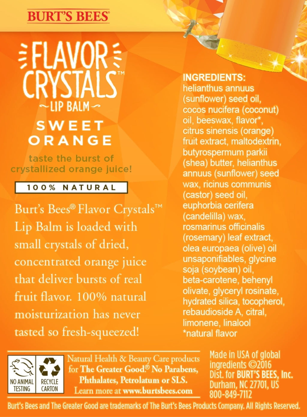 Burt's Bees Flavor Crystal 100% Natural Lip Balm, Sweet Orange, 1 Count