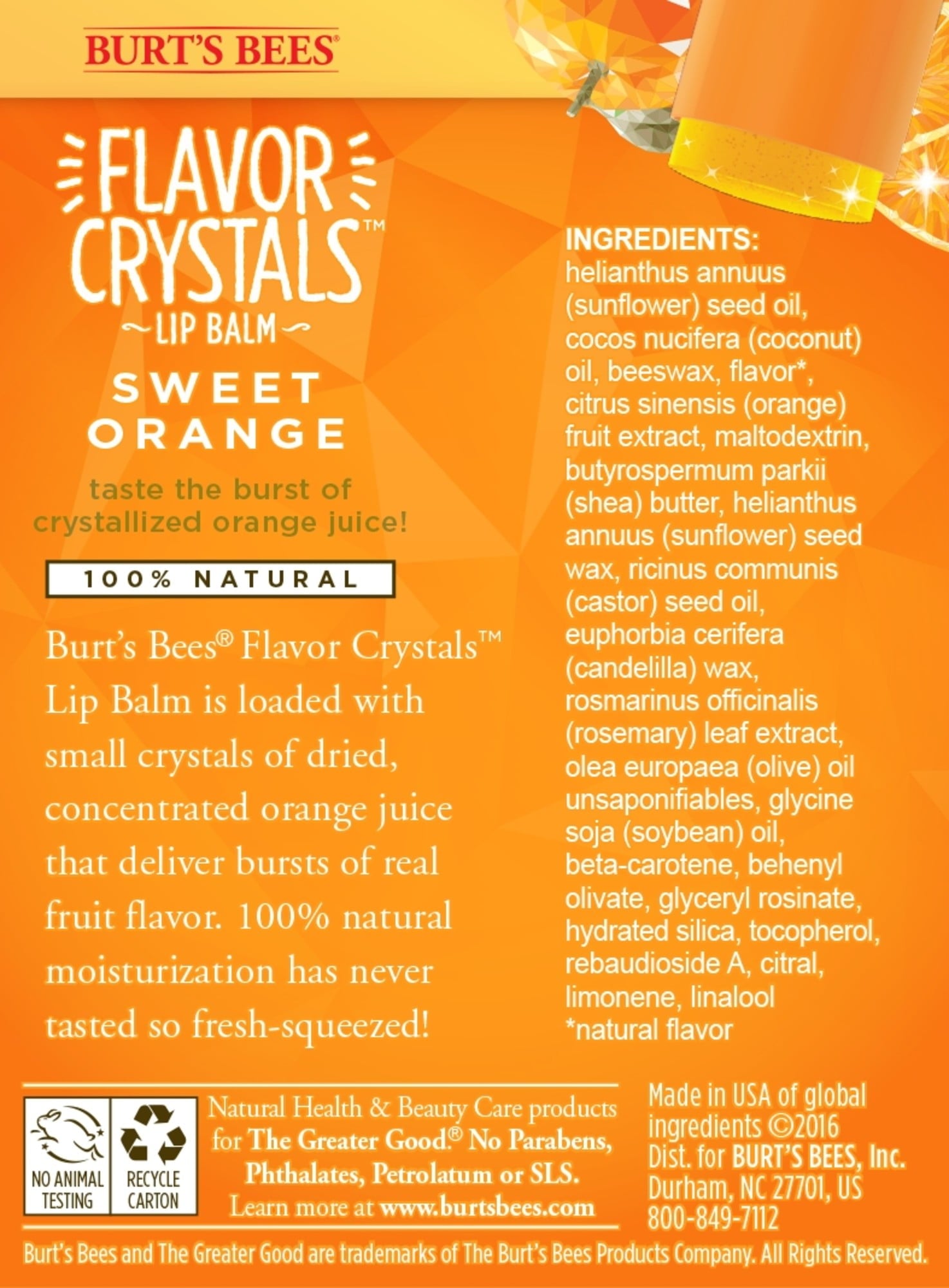 Burt's Bees Flavor Crystal 100% Natural Lip Balm, Sweet Orange, 1 Count