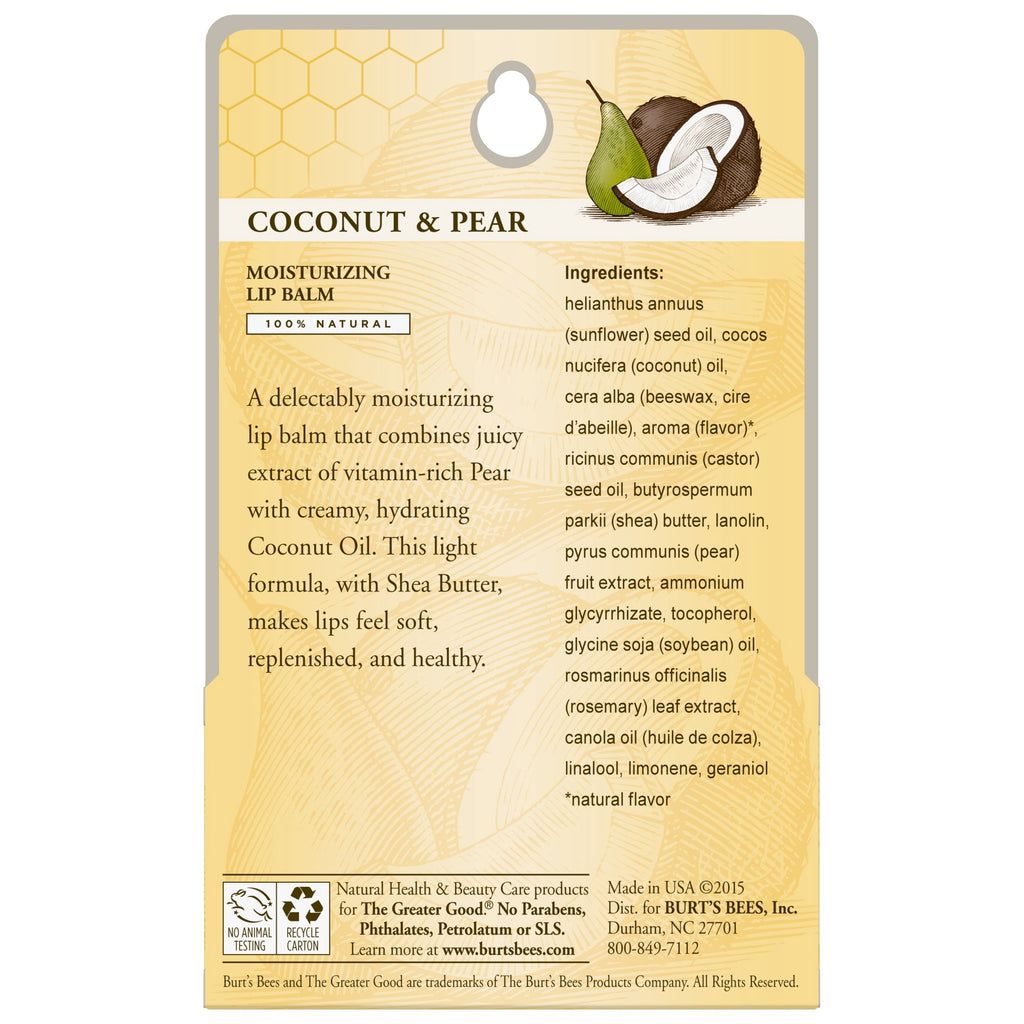 Burt's Bees 100% Natural Moisturizing Lip Balm, Coconut & Pear, 2 Count