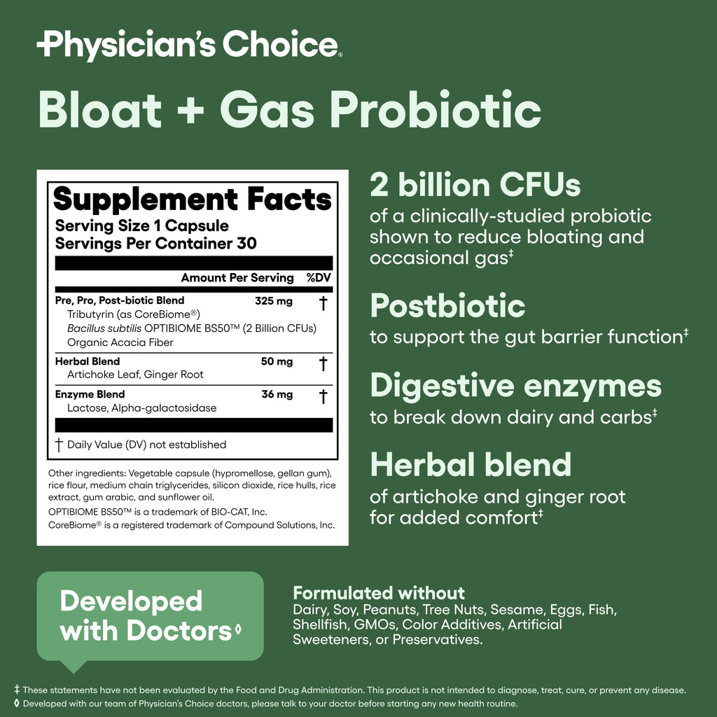 Physician's Choice Bloat & Gas 5-in-1 Probiotic for Digestion Support & Gas Relief, 30 Count