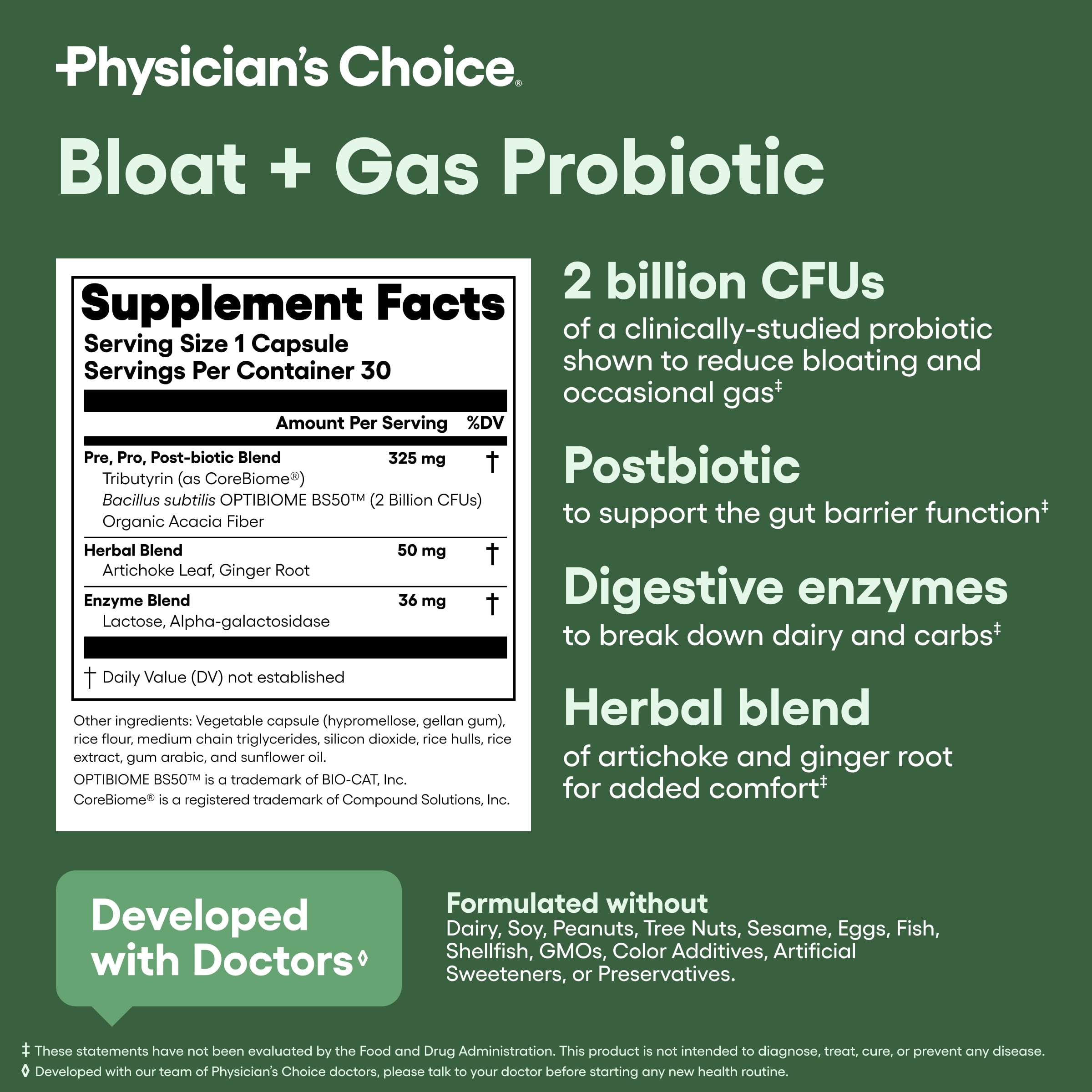 Physician's Choice Bloat & Gas 5-in-1 Probiotic for Digestion Support & Gas Relief, 30 Count