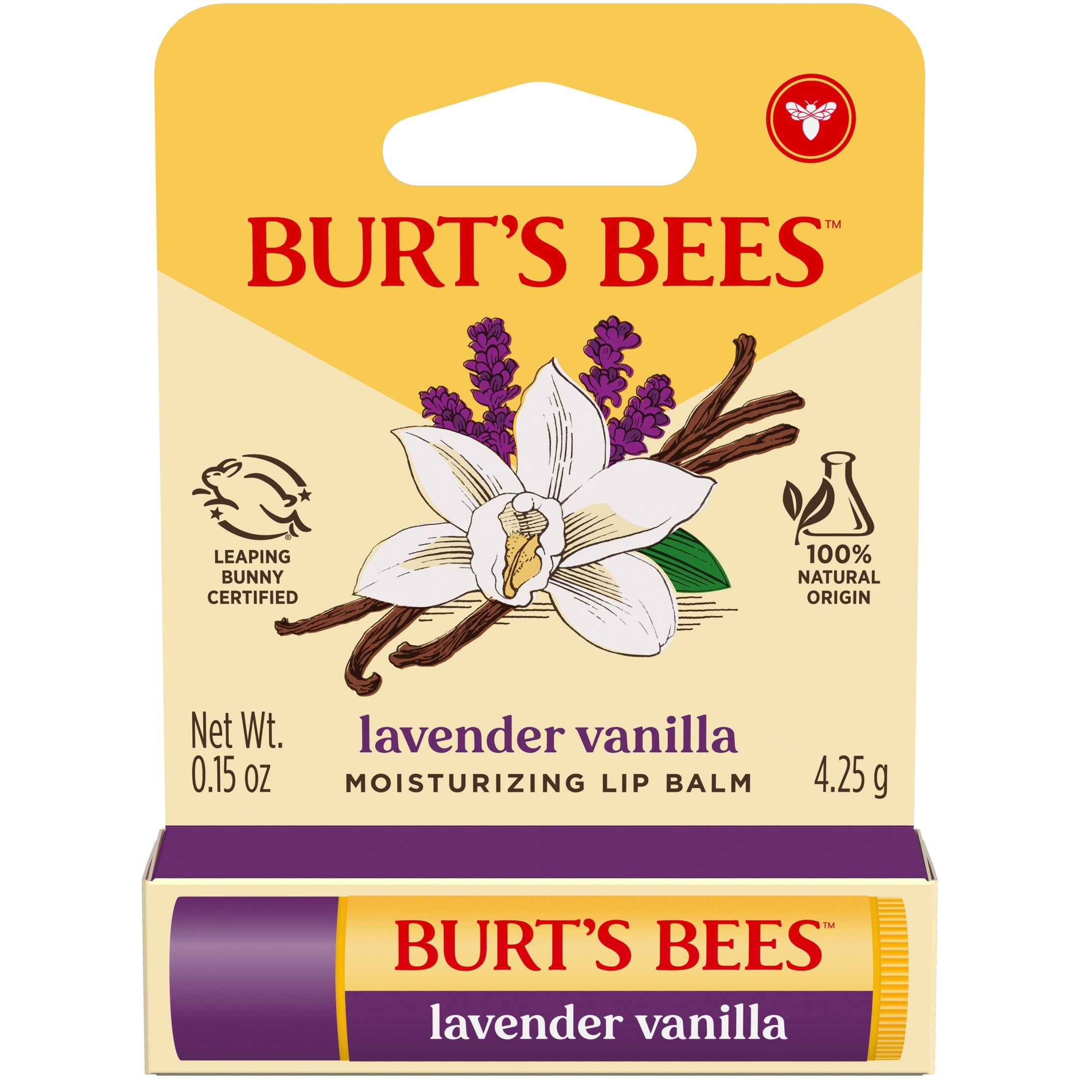 Burt's Bees Lavender Vanilla Moisturizing Lip Balm, 100% Natural Origin, Mother's Day Gift, 1 Tube, 0.15 oz