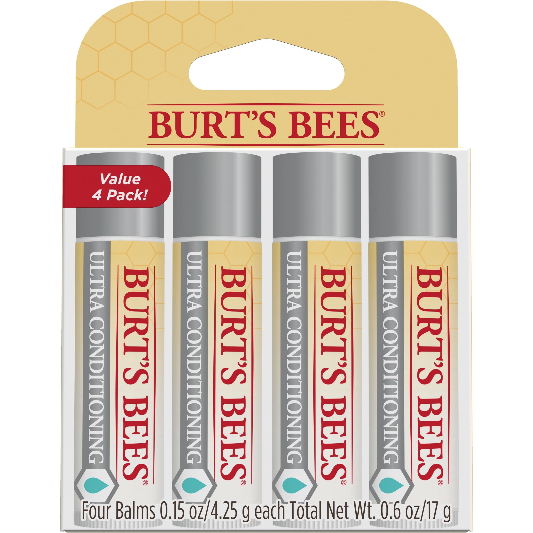 Burts Bees Ultra Conditioning Moisturizing Lip Balm, 4-Pack, 0.15 oz.