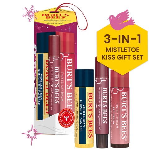 (2 pack) Burt's Bees Lip Balm, Tinted Lip Balm and Lip Shimmer Gift Sets, Mistletoe Kiss, Vanilla Bean/Red Dahlia/Fig, 3-Pack
