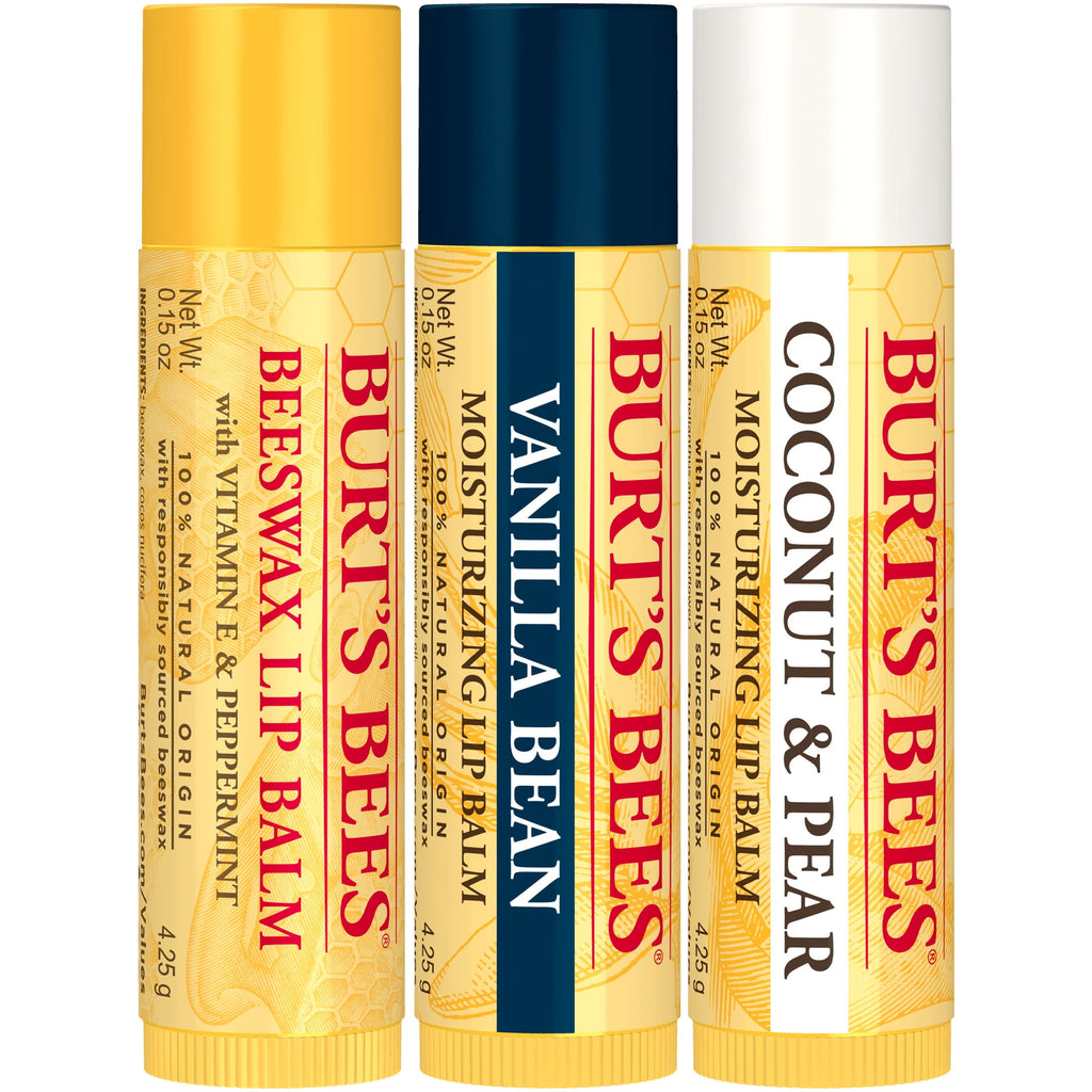(4 pack) Burt's Bees Beeswax, Vanilla Bean, and Coconut and Pear Lip Balm Pack, Natural Origin Lip Care, 3 Pack