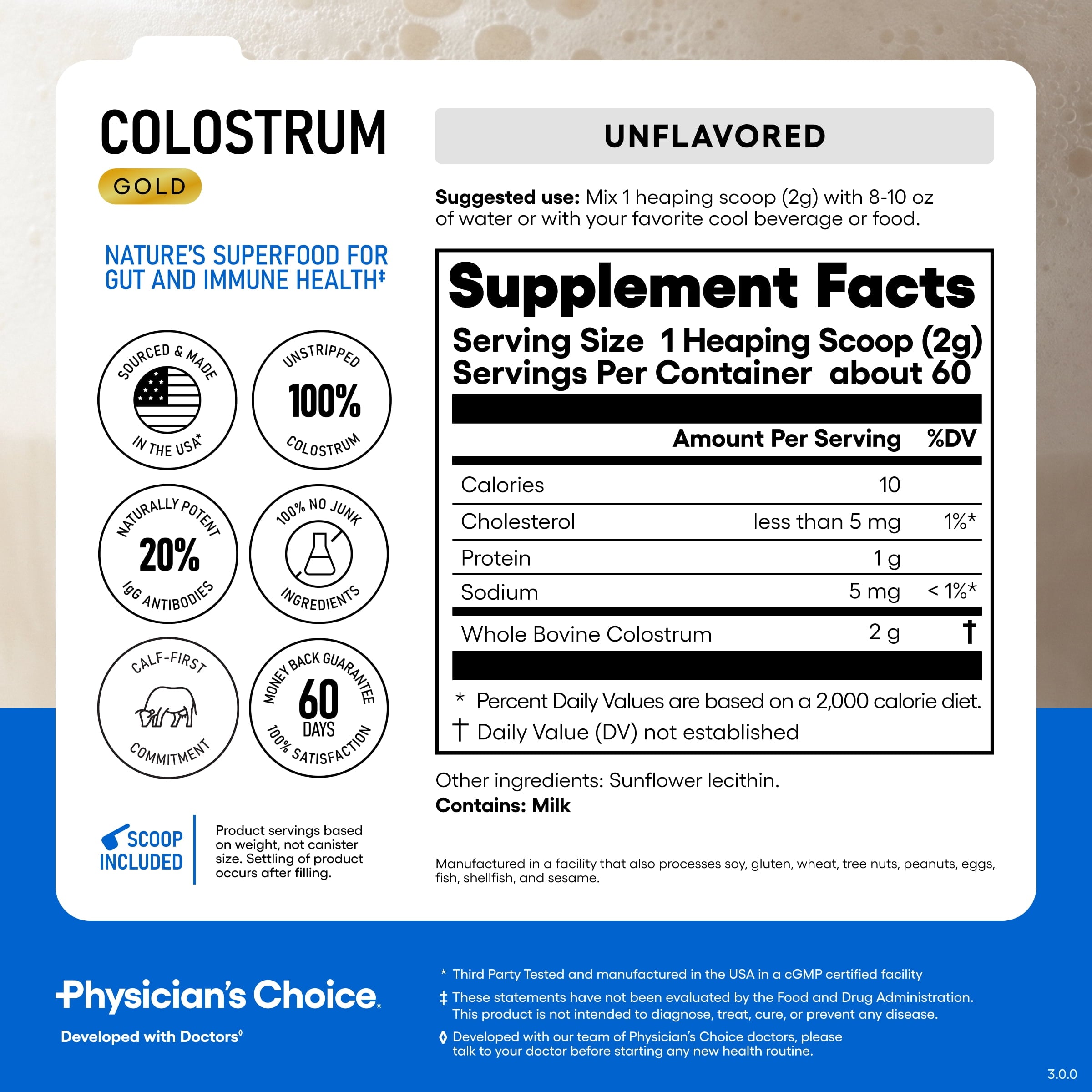Physician's Choice Colostrum Gold Powder - for Gut & Immune Health - Whole & Unstripped - 60 Servings