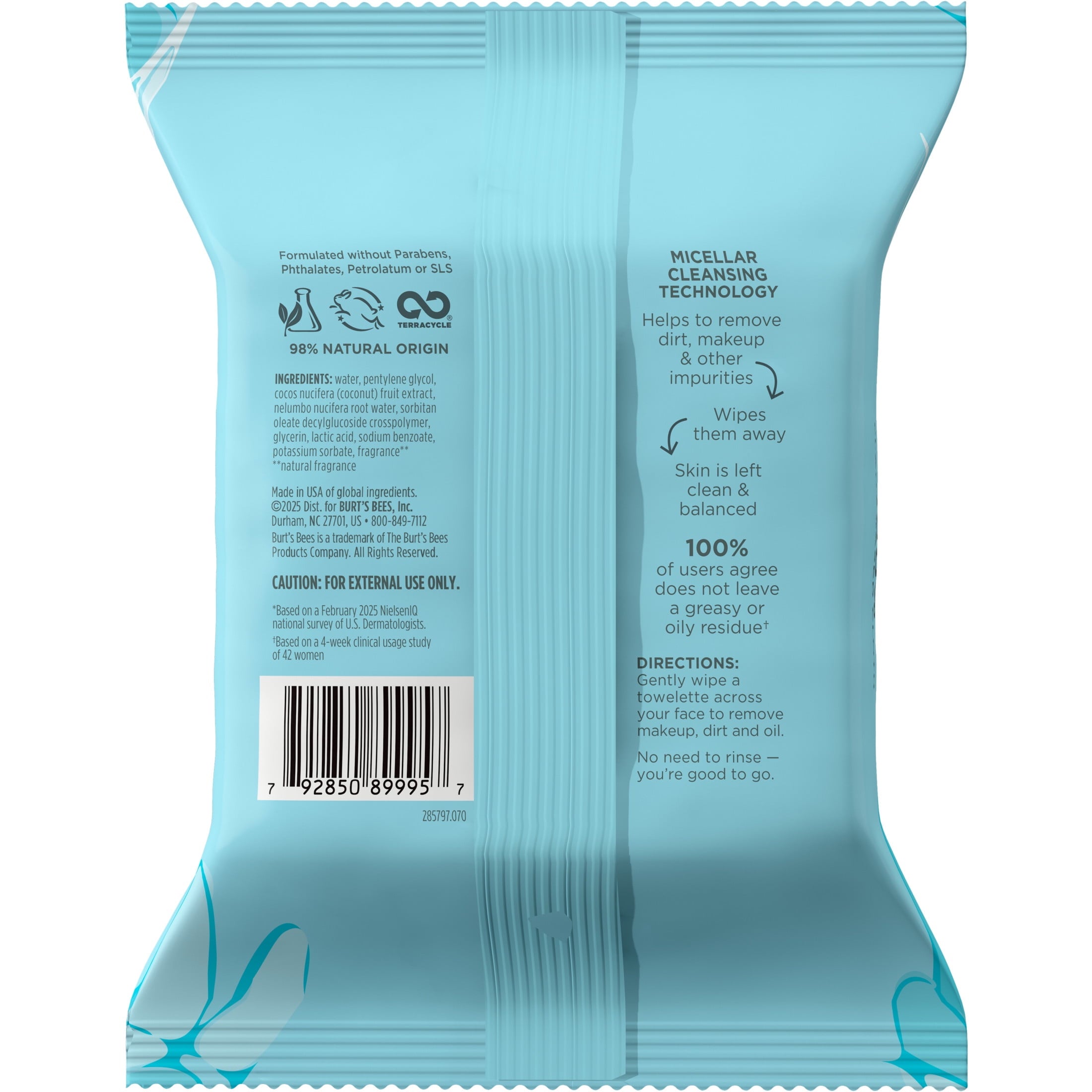(3 pack) Burt's Bees Micellar Coconut and Lotus 3-in-1 Makeup Removing and Cleansing Wipes, 30 Count