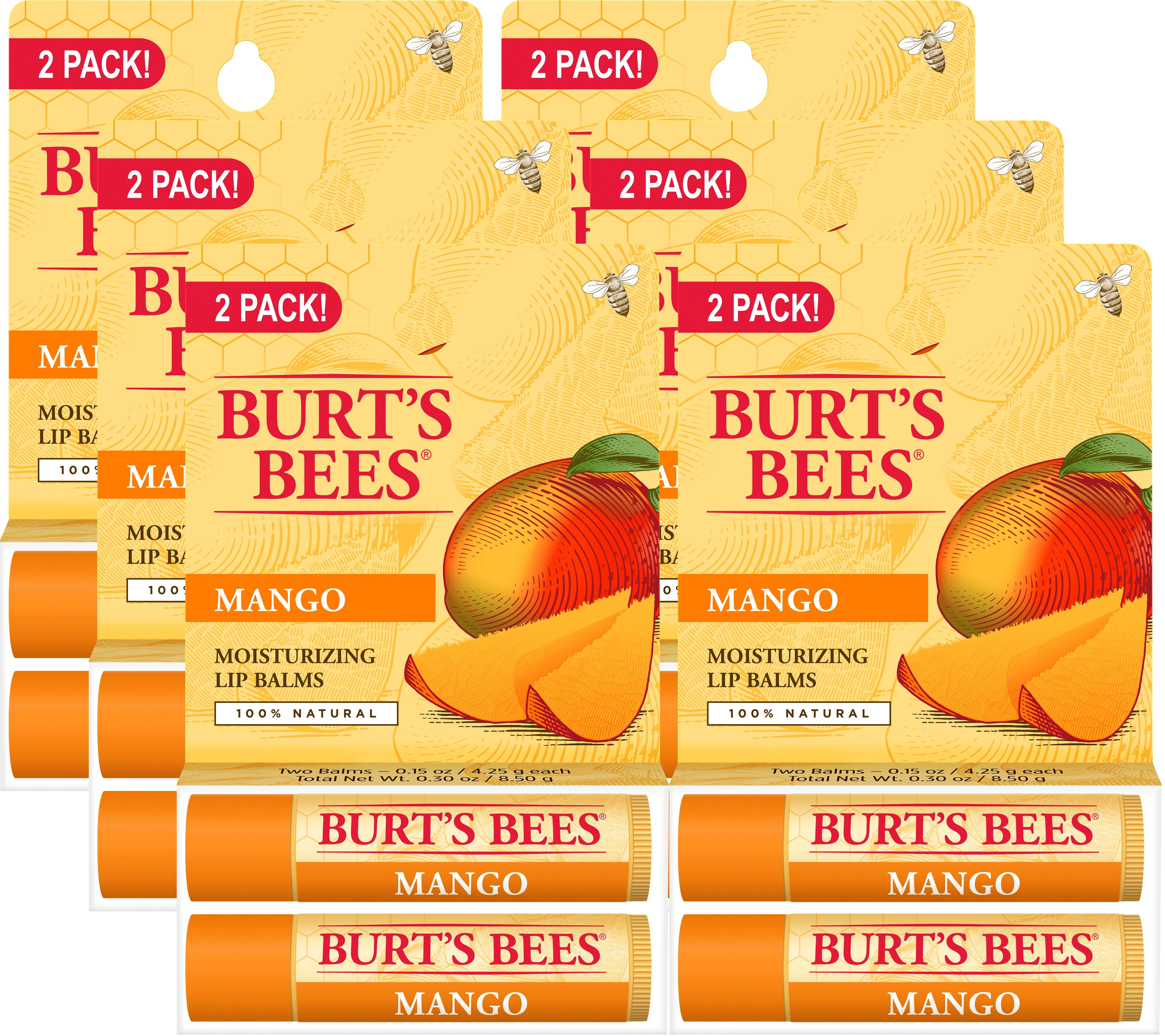 Burt's Bees 100% Natural Origin Moisturizing Lip Balm, Mango, 2 Count, Pack of 6