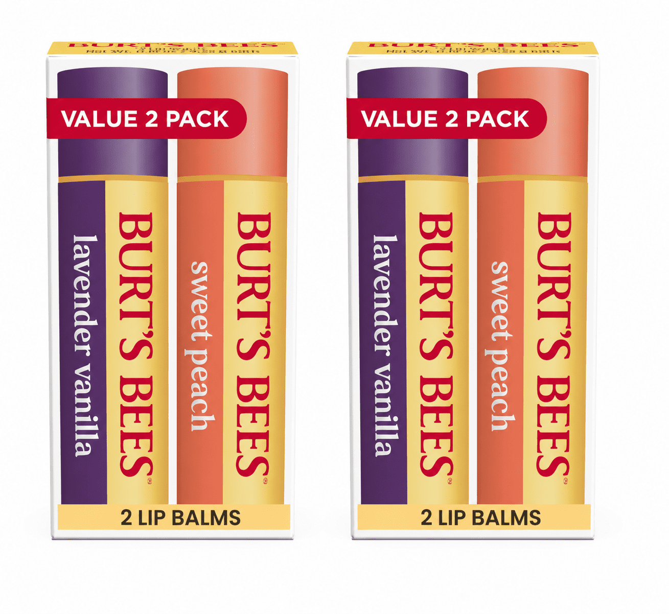 Burt's Bees Moisturizing Lip Balm Value Pack, Lavender Vanilla & Sweet Peach, 4 Count (Pack of 2 Value Packs)