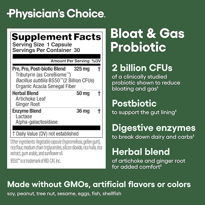 Physician's Choice Bloat & Gas 5-in-1 Probiotic for Digestion Support & Gas Relief, 30 Count