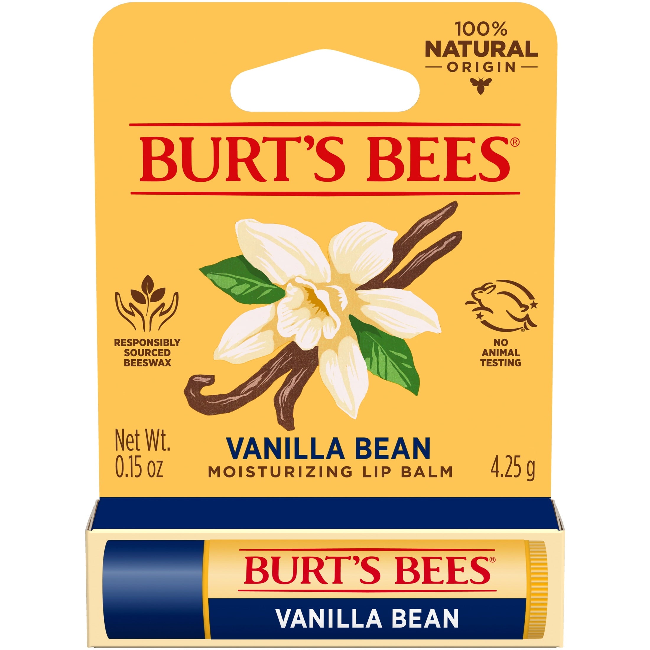 (3 pack) Burt's Bees 100% Origin Natural Moisturizing Lip Balm with Beeswax, Vanilla Bean, 1 Tube