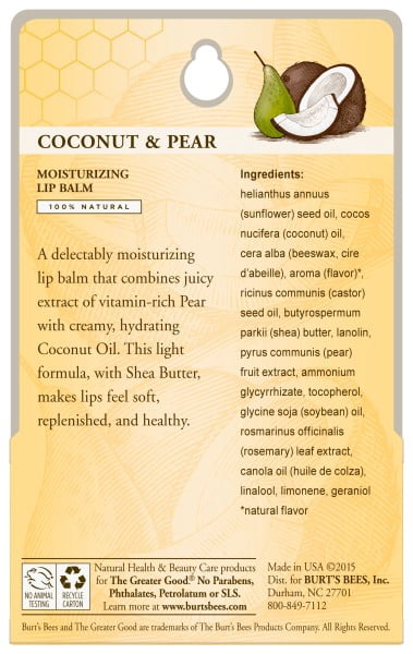 Burt's Bees 100% Natural Moisturizing Lip Balm, Coconut & Pear, 2 Count