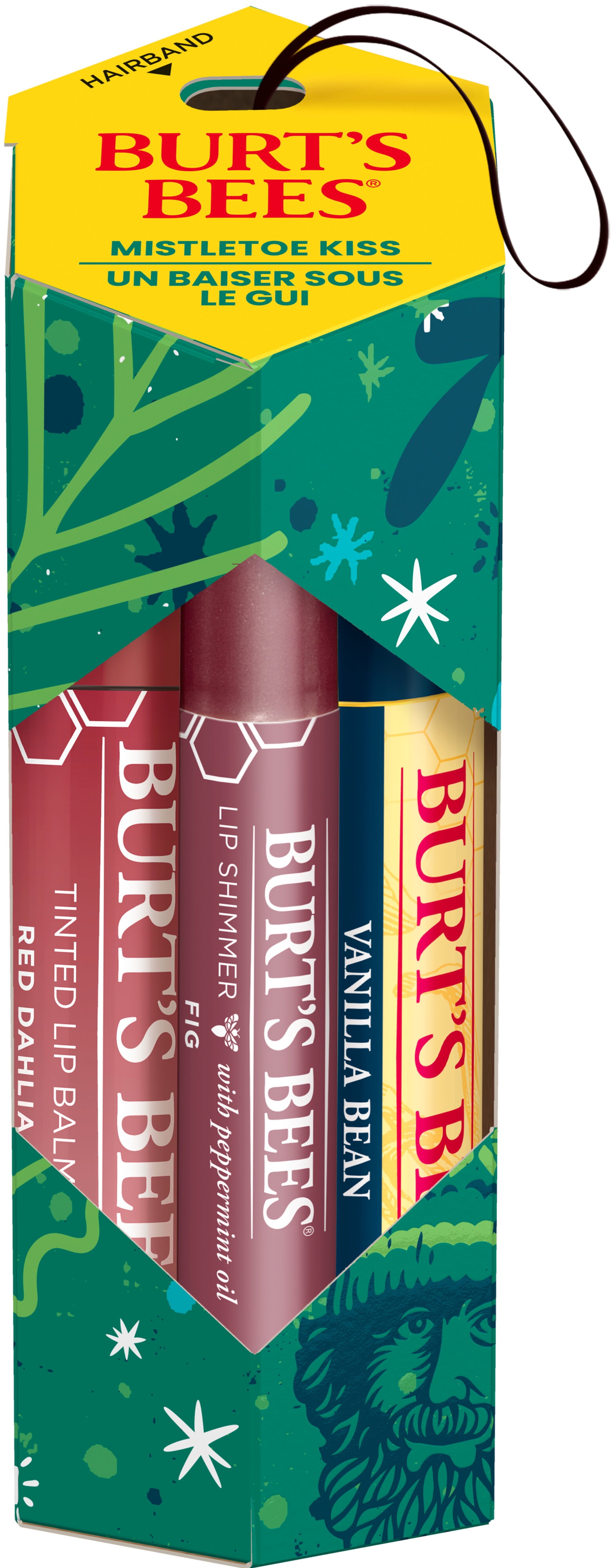 (2 pack) Burt's Bees Lip Balm, Tinted Lip Balm and Lip Shimmer Gift Sets, Mistletoe Kiss, Vanilla Bean/Red Dahlia/Fig, 3-Pack